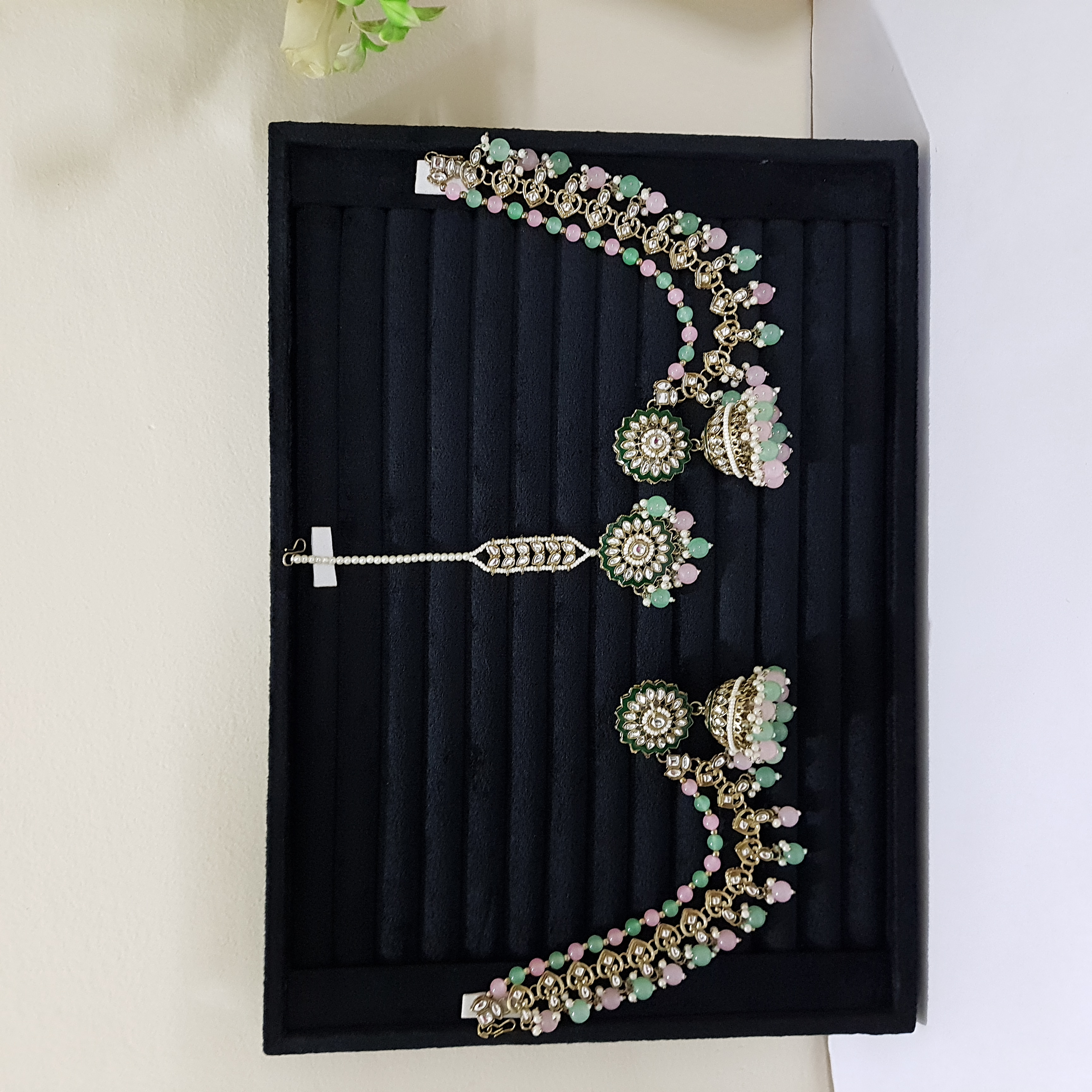 Sundari Saaz – Mint-Pink Jhumka + Maangtikka Set | Devasena Edit Collection
