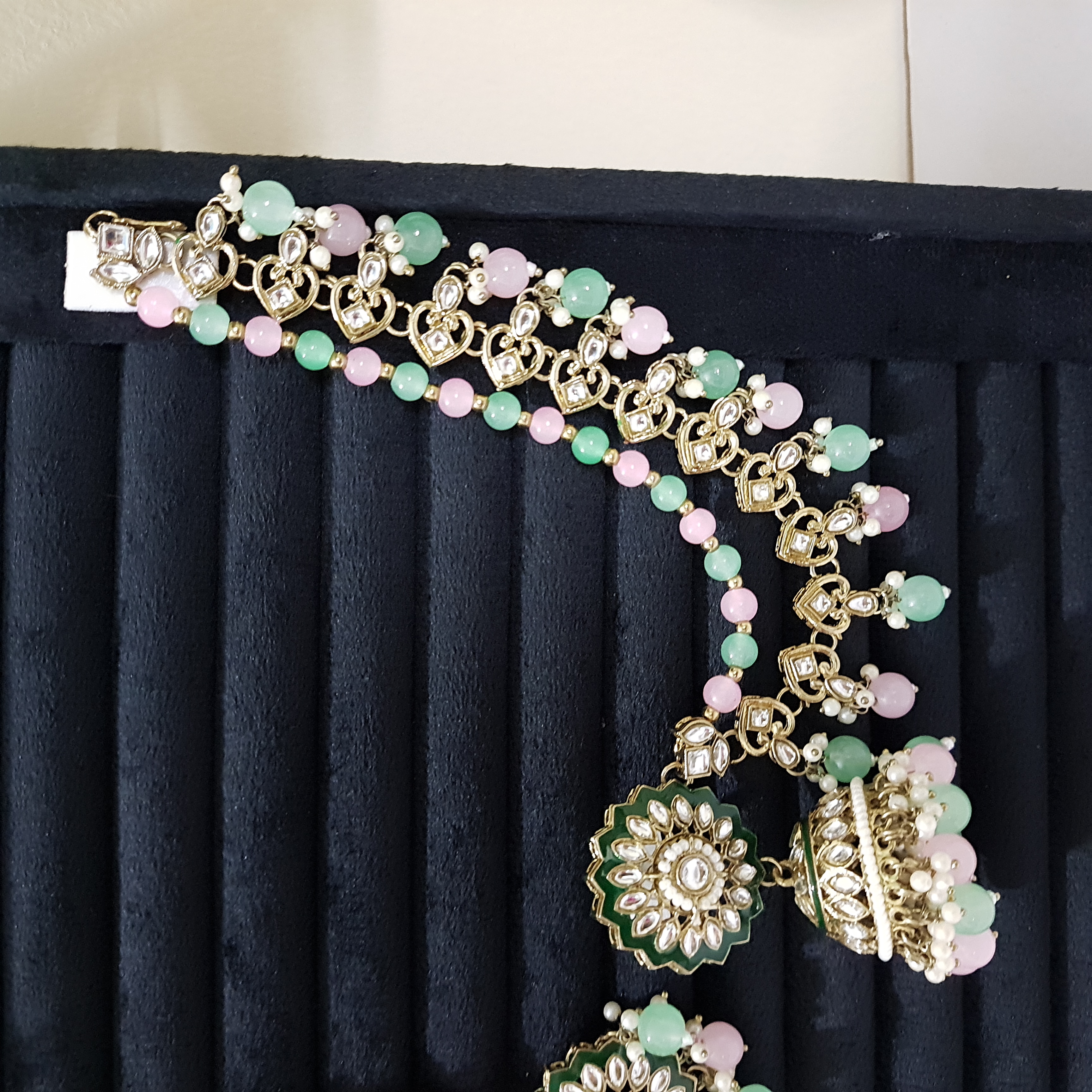 Sundari Saaz – Mint-Pink Jhumka + Maangtikka Set | Devasena Edit Collection