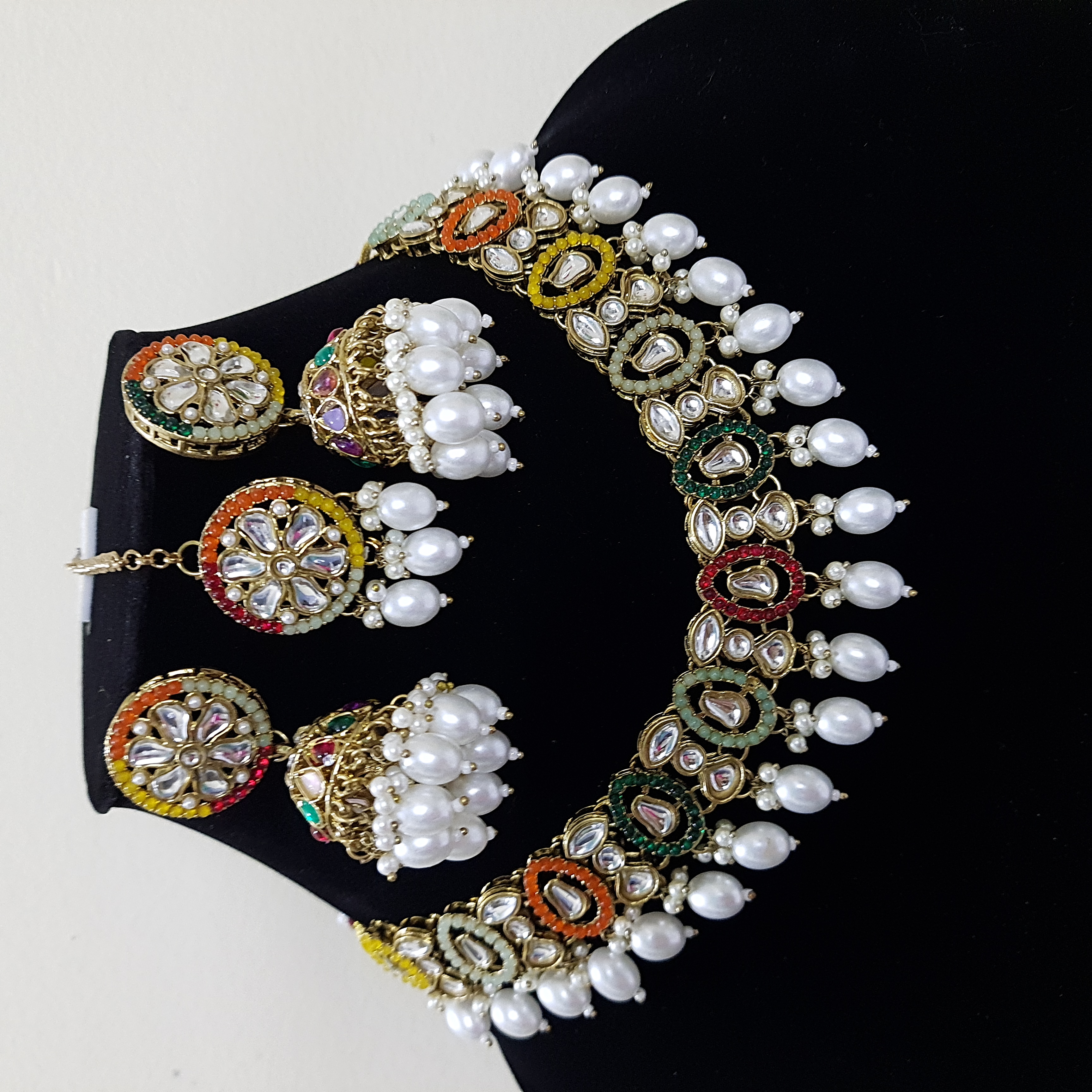 Madhurima – Kundan Moti Necklace Set with Jhumkas and Maangtikka | Rang Raagini Collection