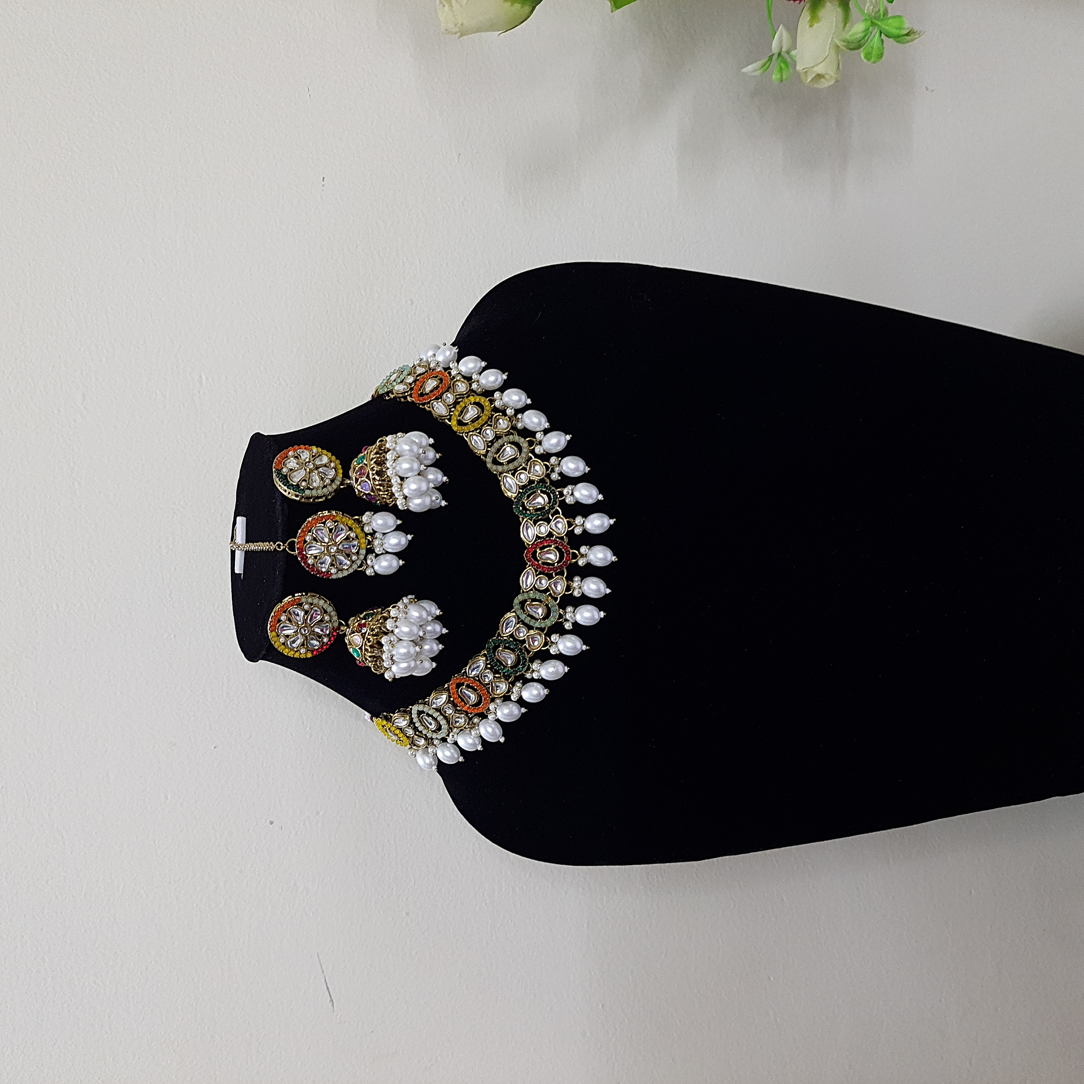 Madhurima – Kundan Moti Necklace Set with Jhumkas and Maangtikka | Rang Raagini Collection