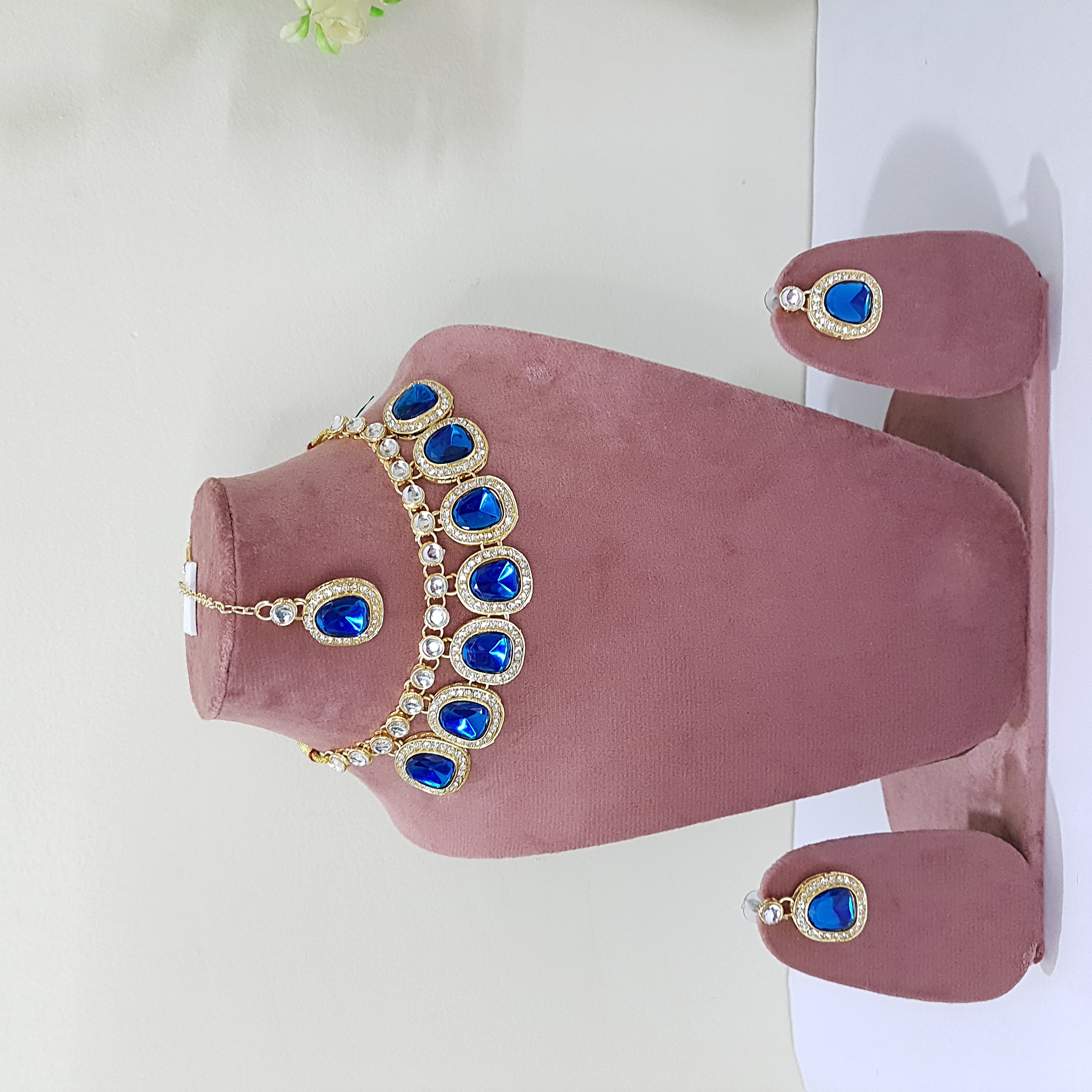Sapphire Blue Necklace Set – Royal Blue Kundan Choker with Earrings & Maang Tikka | Stones & Sparkle Collection