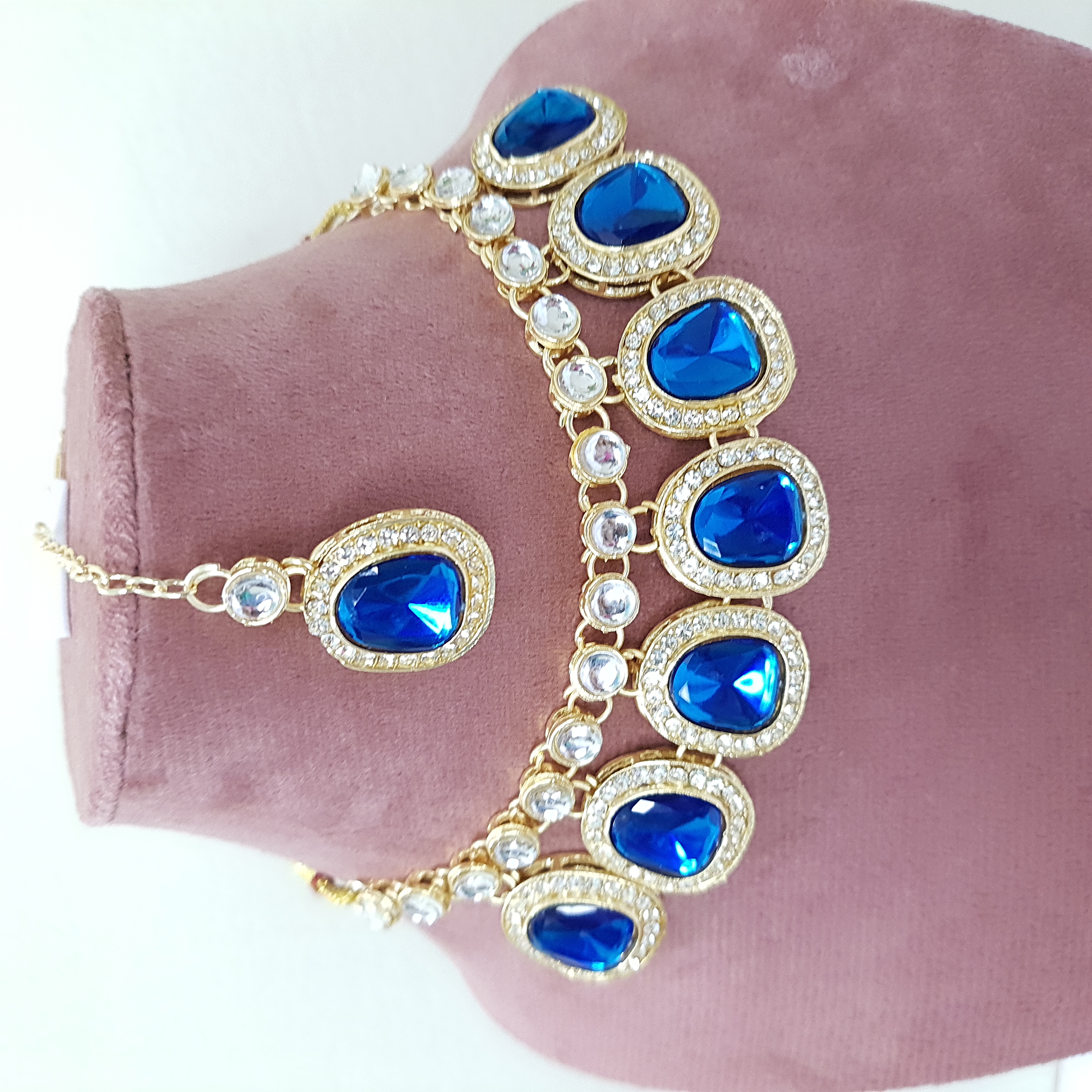 Sapphire Blue Necklace Set – Royal Blue Kundan Choker with Earrings & Maang Tikka | Stones & Sparkle Collection