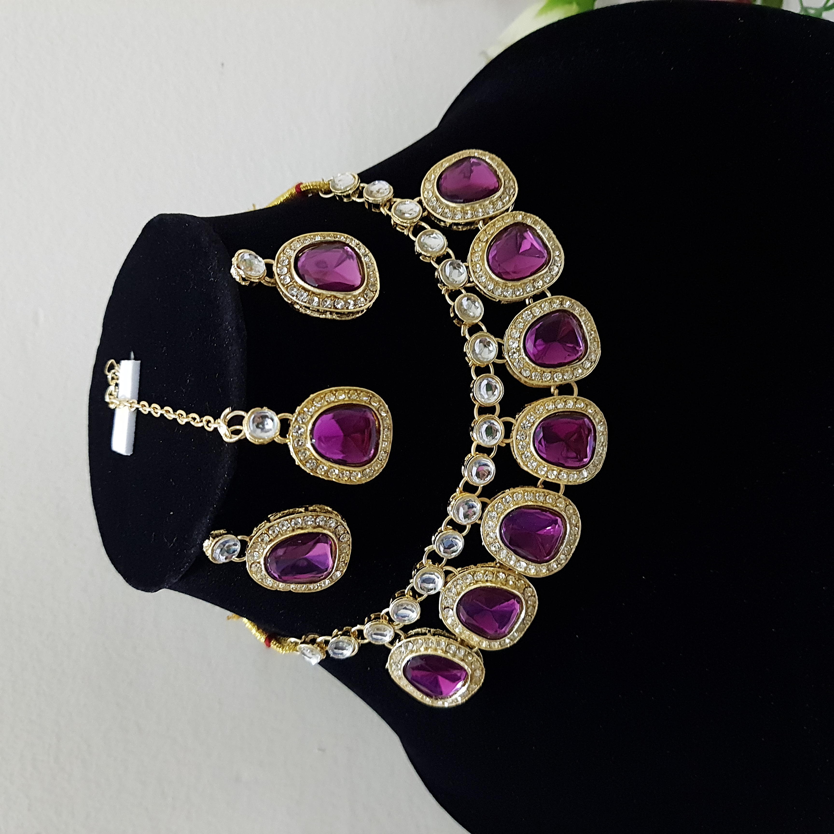 Violet Necklace Set – Elegant Violet Kundan Choker with Earrings & Maang Tikka | Stones & Sparkle Collection