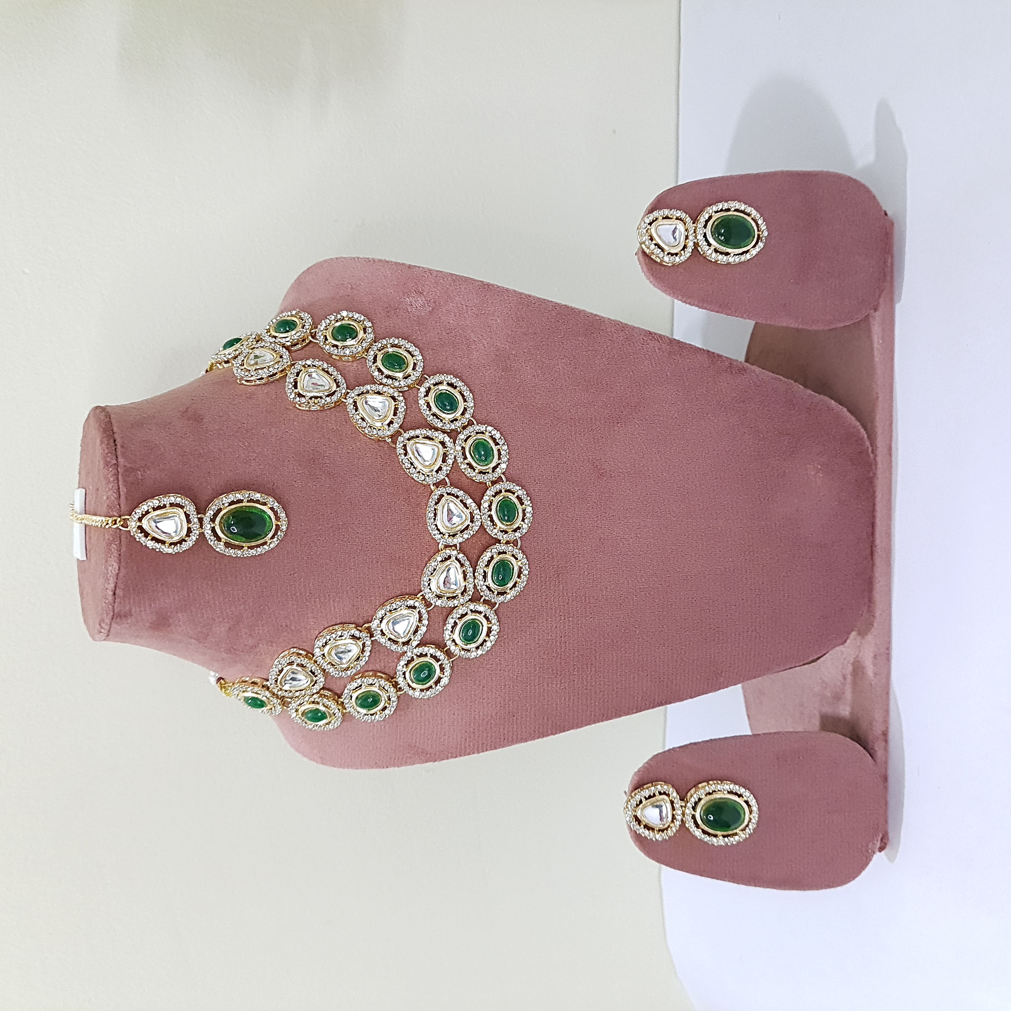 Vrinda Necklace Set- Double Layered, Green Stone Necklace Set with Earrings & Maangtikka | Stones & Sparkle Collection