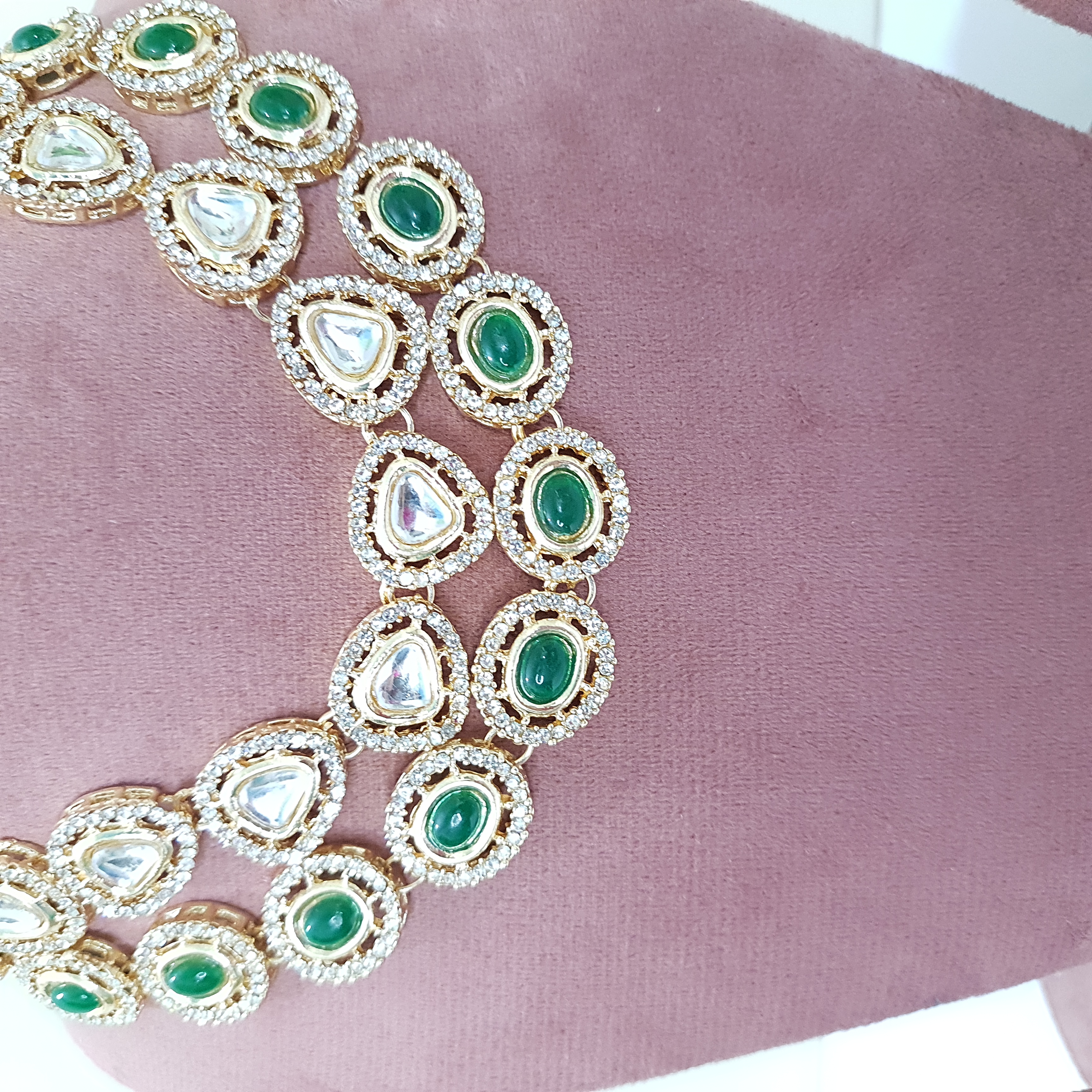 Vrinda Necklace Set- Double Layered, Green Stone Necklace Set with Earrings & Maangtikka | Stones & Sparkle Collection