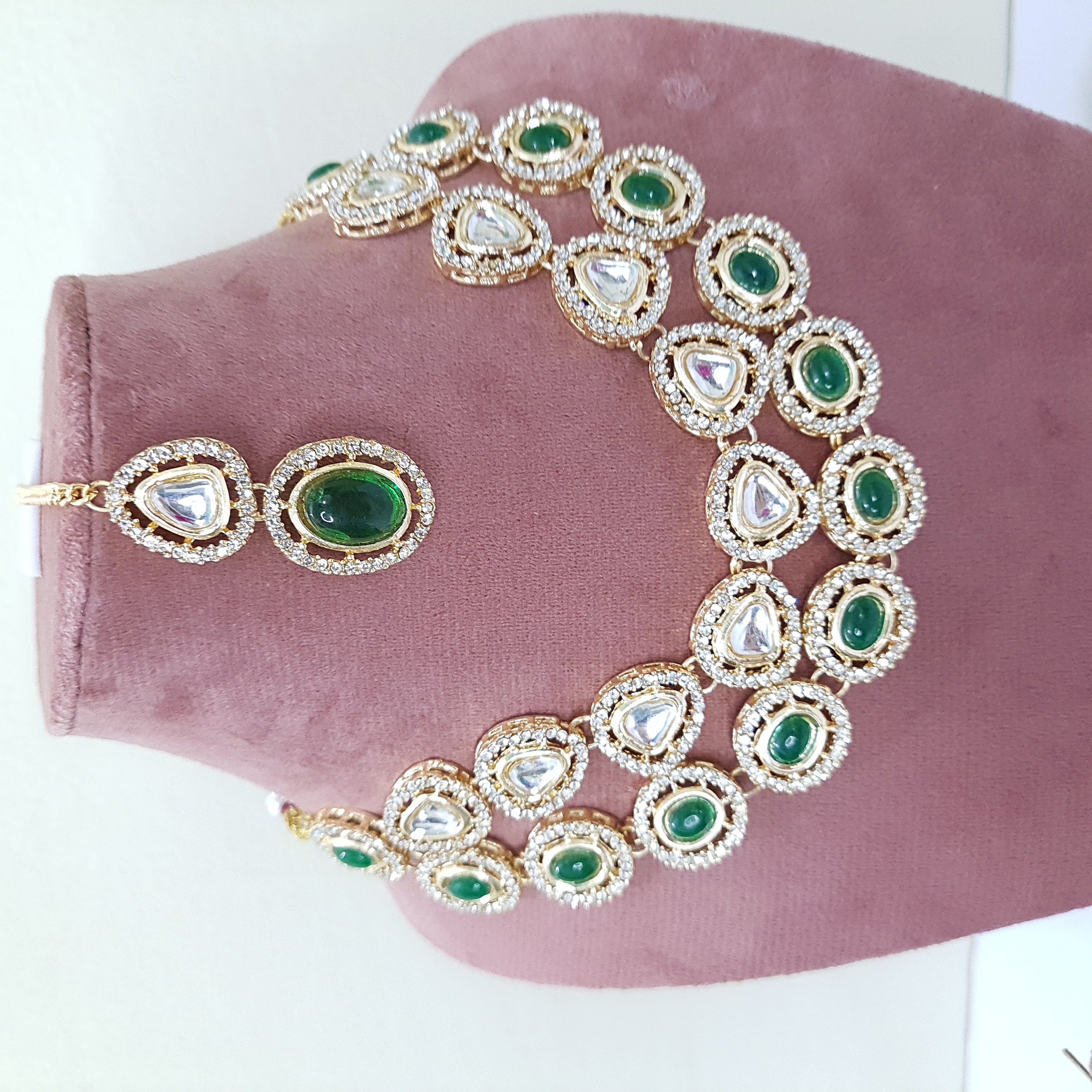 Vrinda Necklace Set- Double Layered, Green Stone Necklace Set with Earrings & Maangtikka | Stones & Sparkle Collection