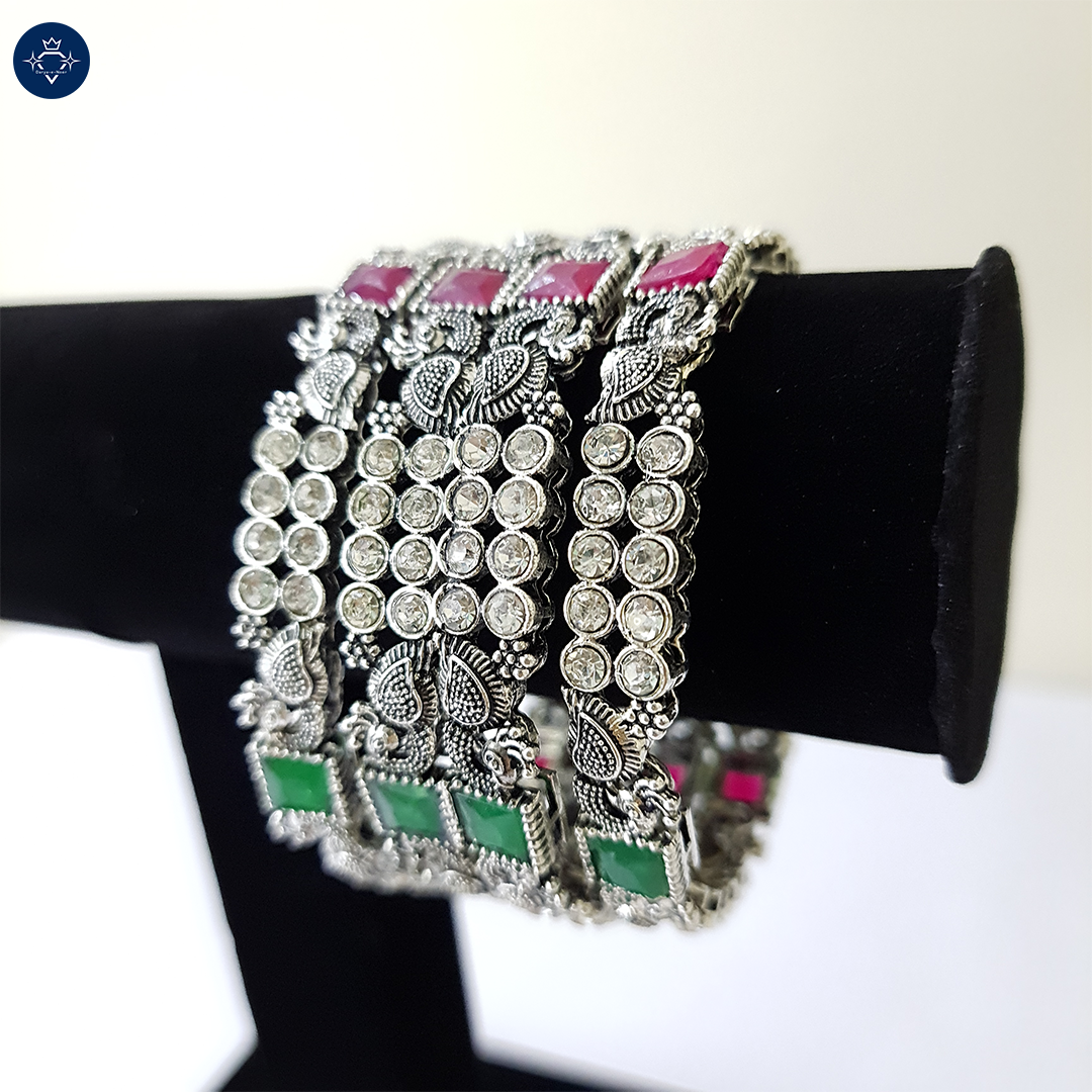 Shwetara Bangles – Antique Silver Crystal & Color Stone Bangles