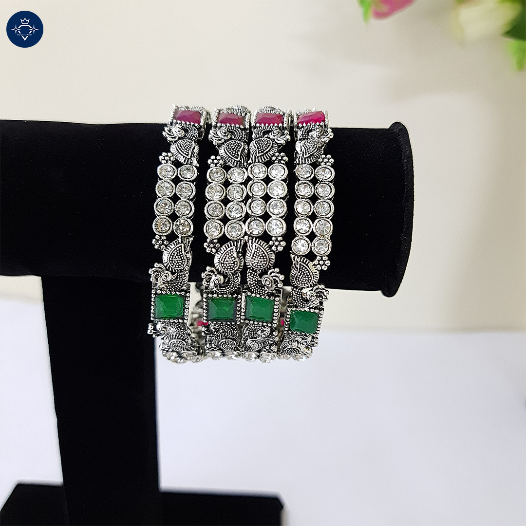 Shwetara Bangles – Antique Silver Crystal & Color Stone Bangles