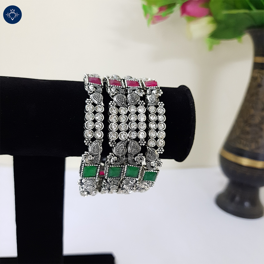 Shwetara Bangles – Antique Silver Crystal & Color Stone Bangles