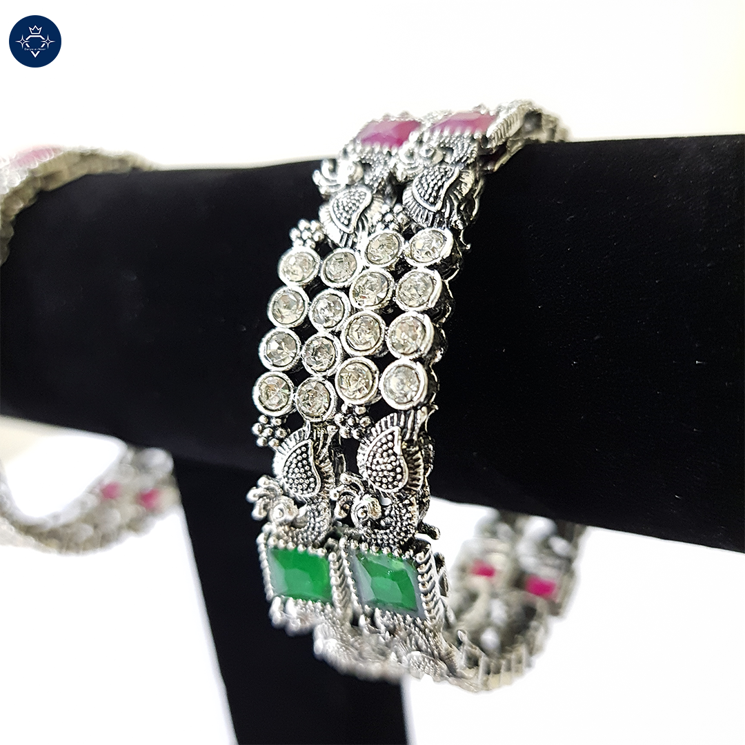 Shwetara Bangles – Antique Silver Crystal & Color Stone Bangles