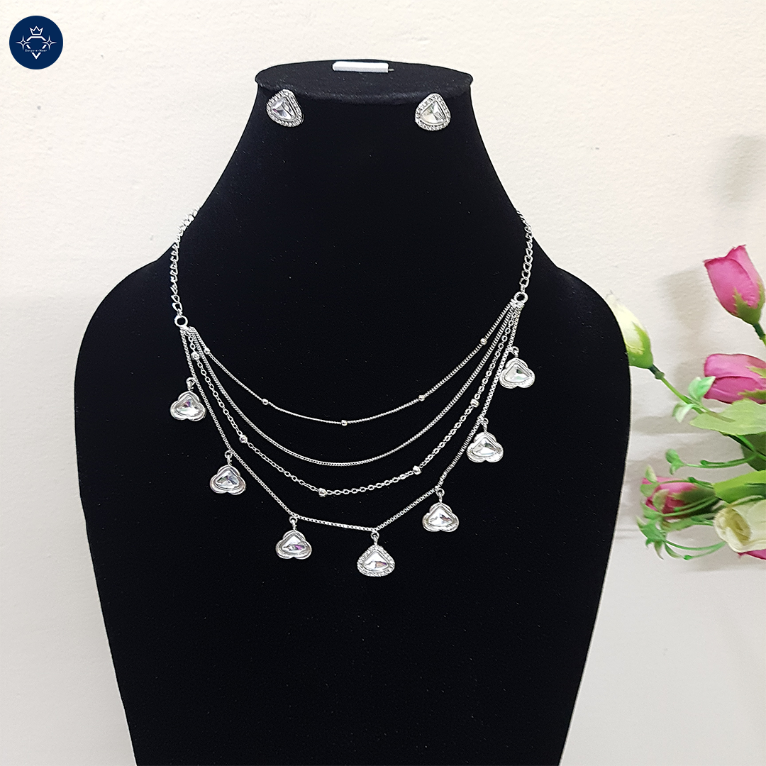 Nitya Deepti Silver – Multi-Layer Heart Charm Necklace Set