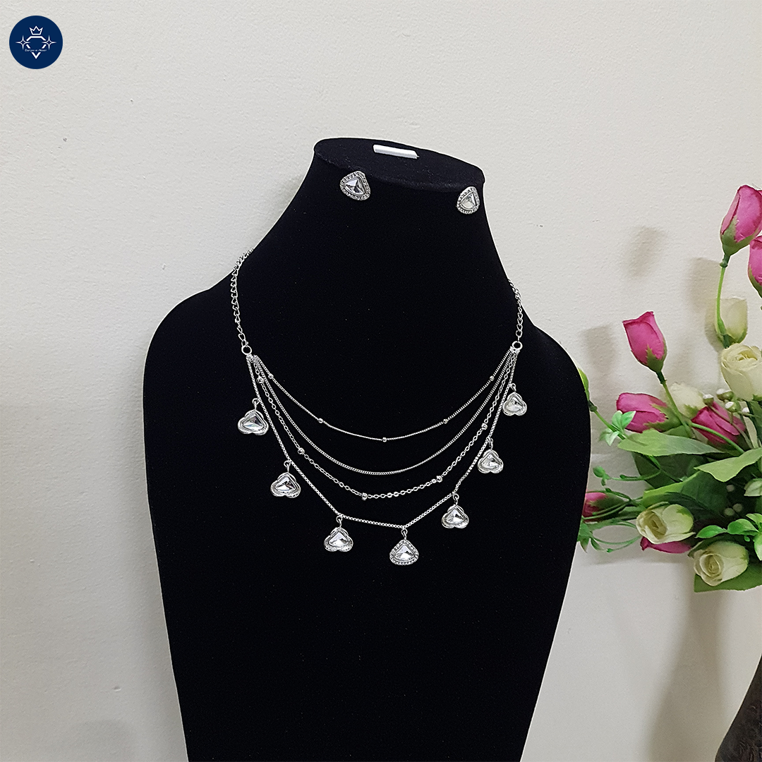 Nitya Deepti Silver – Multi-Layer Heart Charm Necklace Set