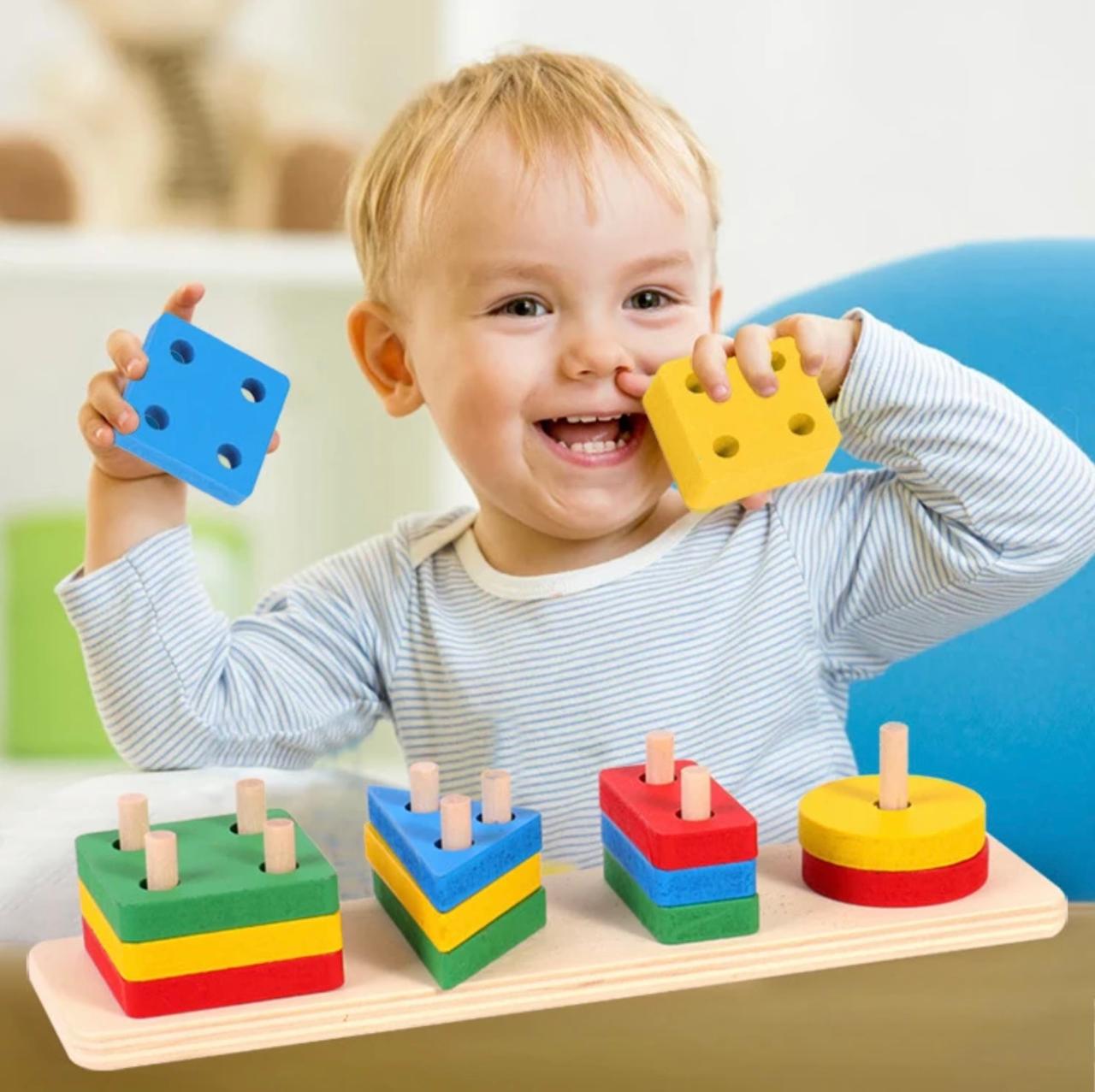 2-in-1 Wooden Geometric Shape Stacking & Construction Puzzle