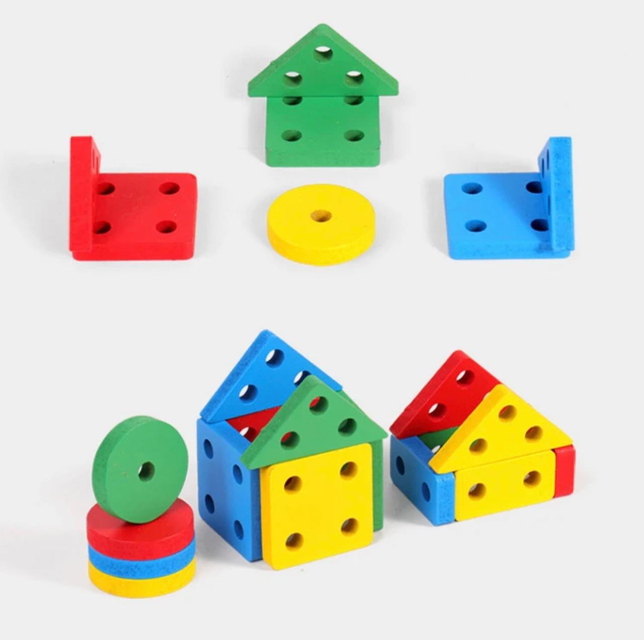 2-in-1 Wooden Geometric Shape Stacking & Construction Puzzle