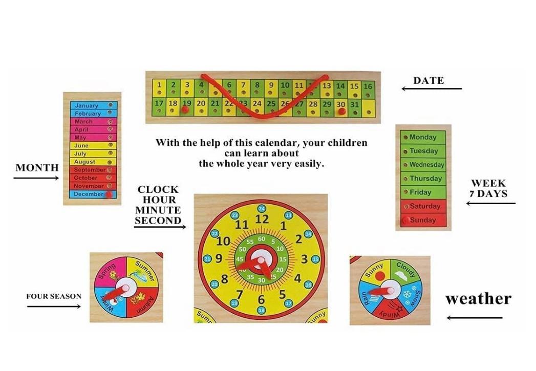  Wooden Kids Learning Calendar & Clock