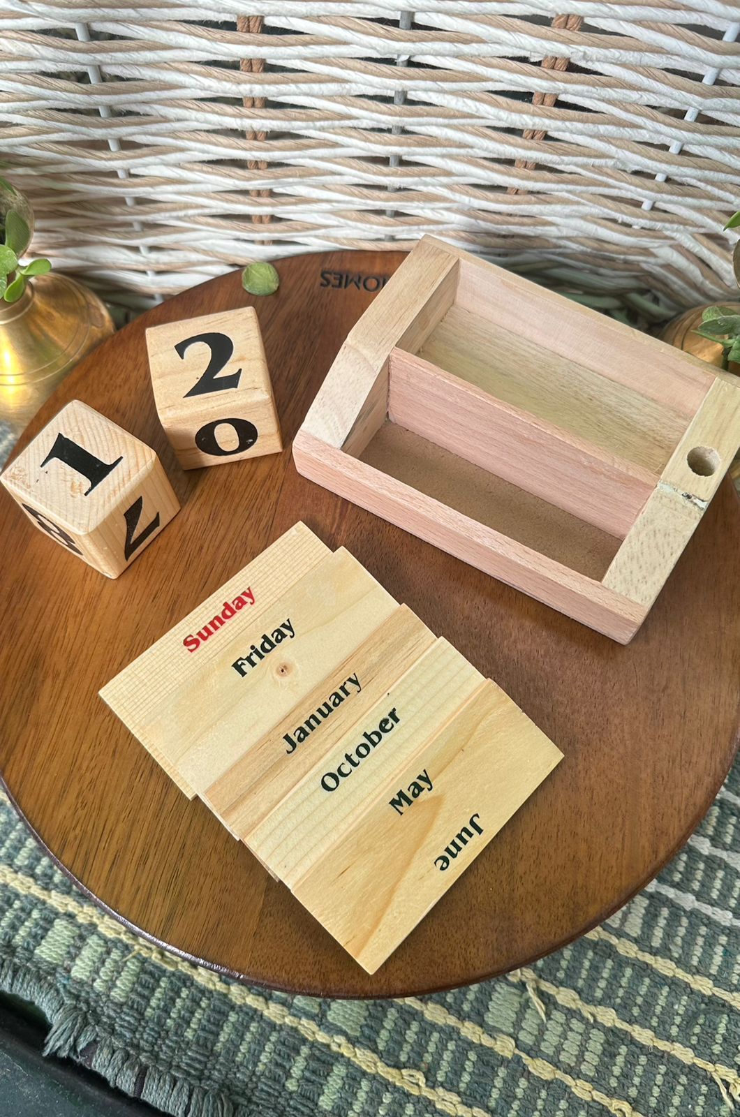 Handcrafted wooden calendar with rotating blocks