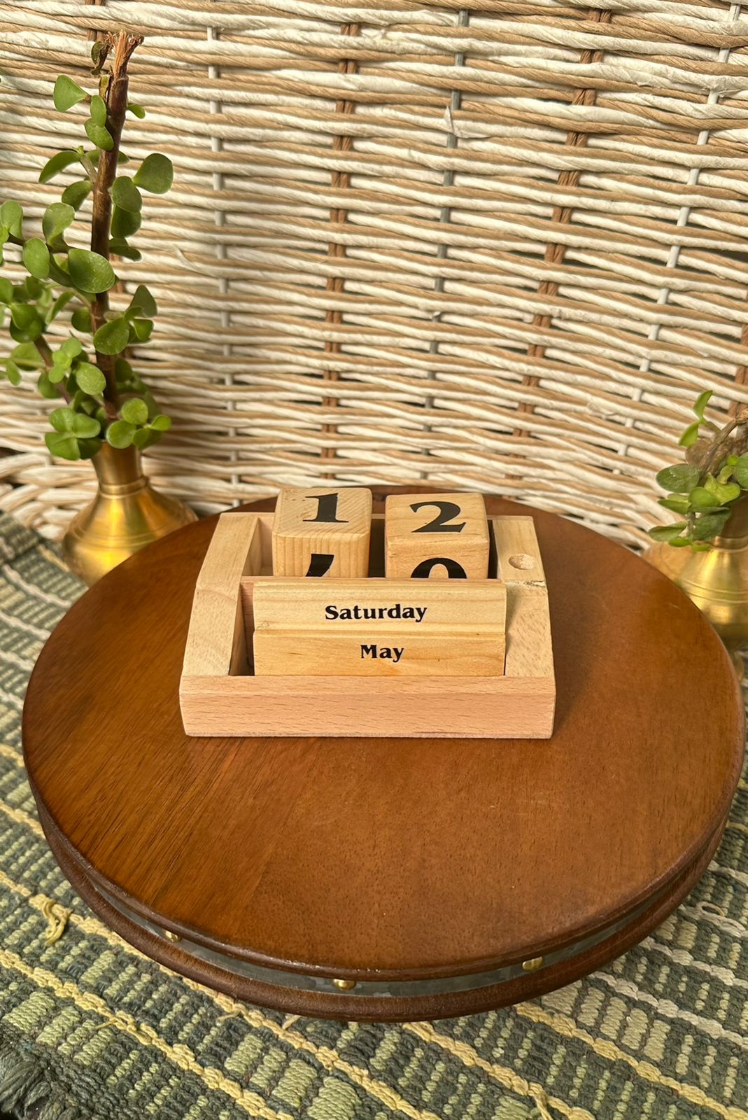 Handcrafted wooden calendar with rotating blocks