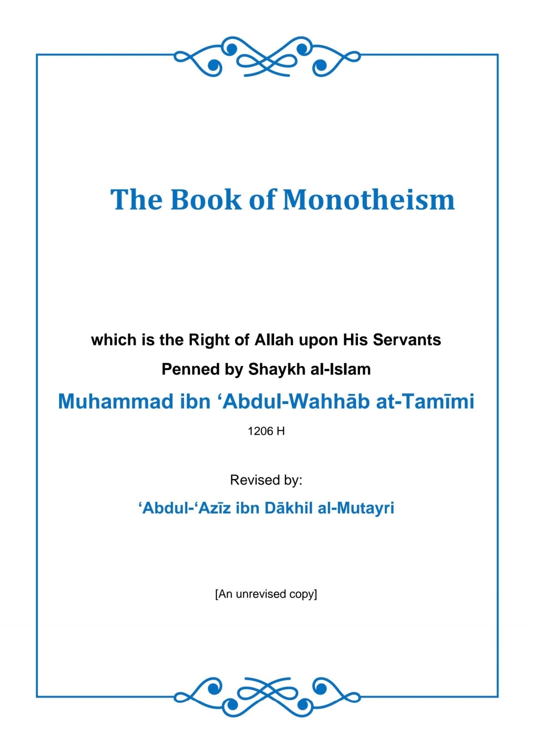 Kitab At-Tauhid/ The Book of Monotheism by Sheikh-ul-Islam Muhammad bin Abdul-Wahhab