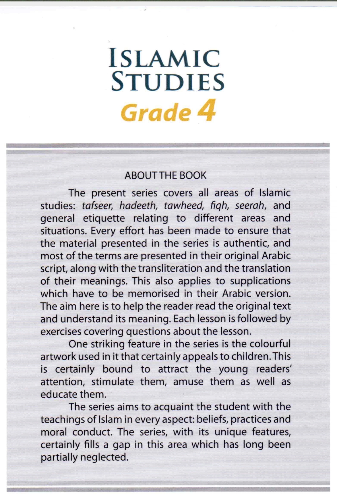 Islamic Studies Grade 4, An educational book for Grade 4 students, by Molvi Abdul Aziz 