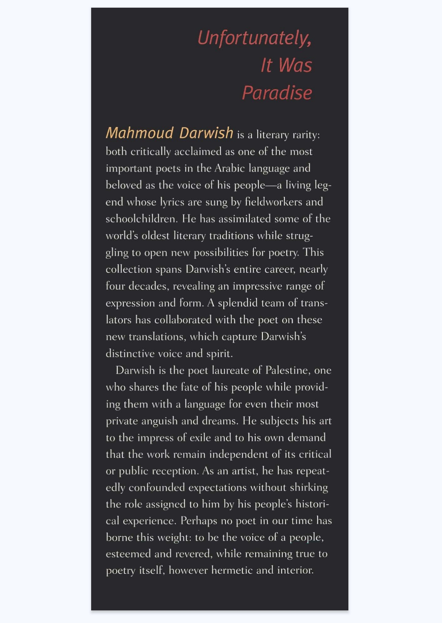 Unfortunately, It Was Paradise, Selected Poems by Mahmoud Darwish