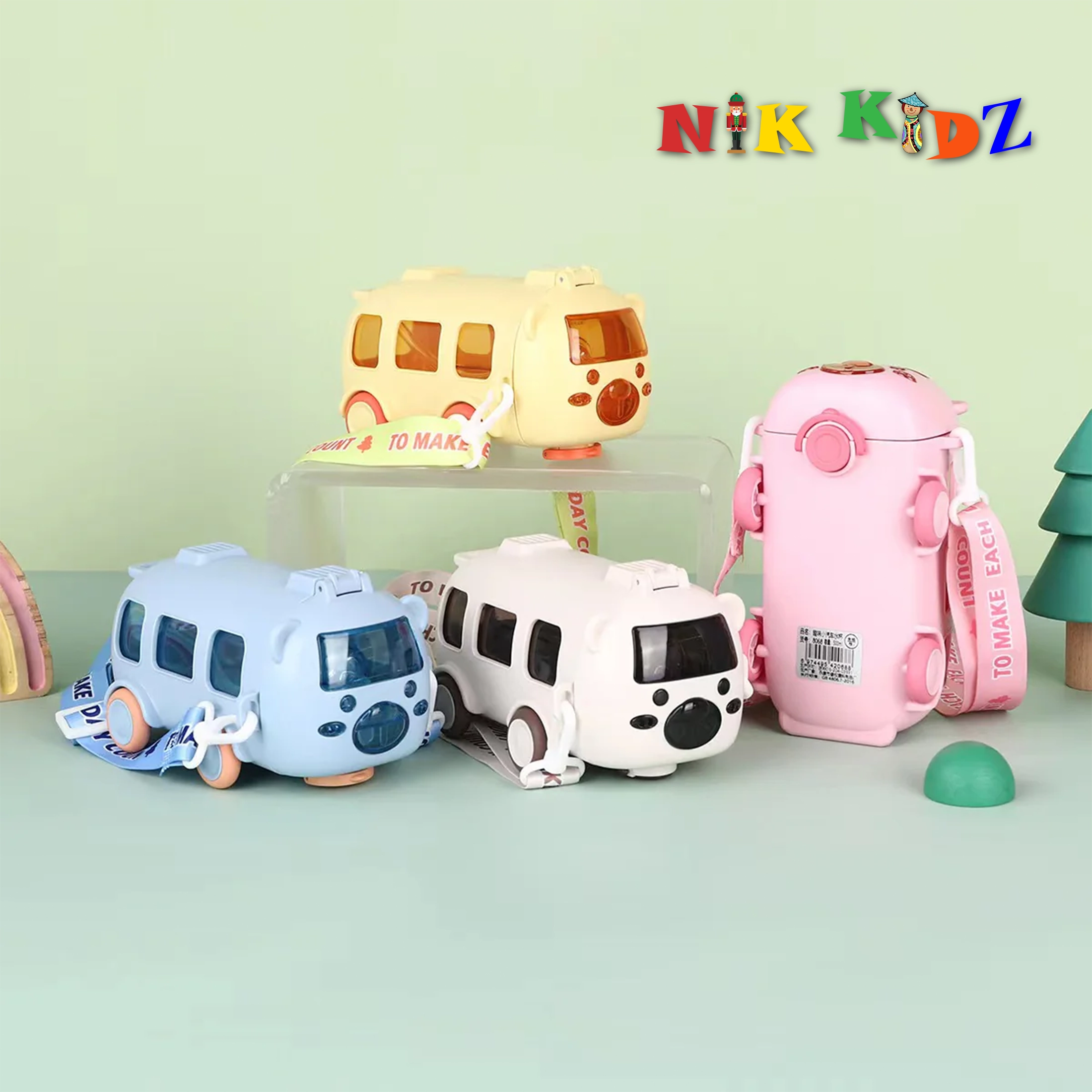 500ML Bus Shape Straw Water Bottle with Movable Wheels Strap Cute Car Water Bottle Leakproof for Sports Camping Picnic