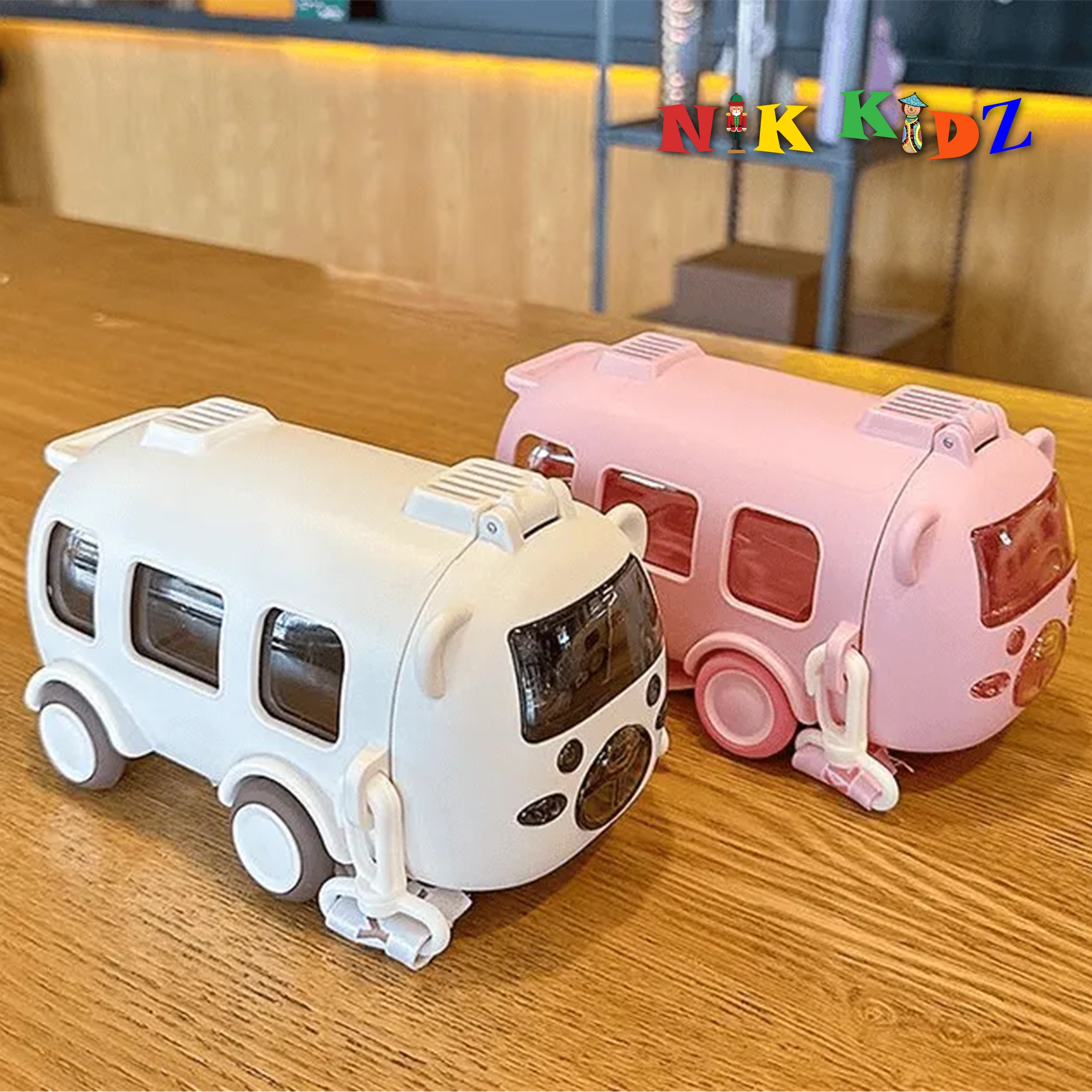500ML Bus Shape Straw Water Bottle with Movable Wheels Strap Cute Car Water Bottle Leakproof for Sports Camping Picnic