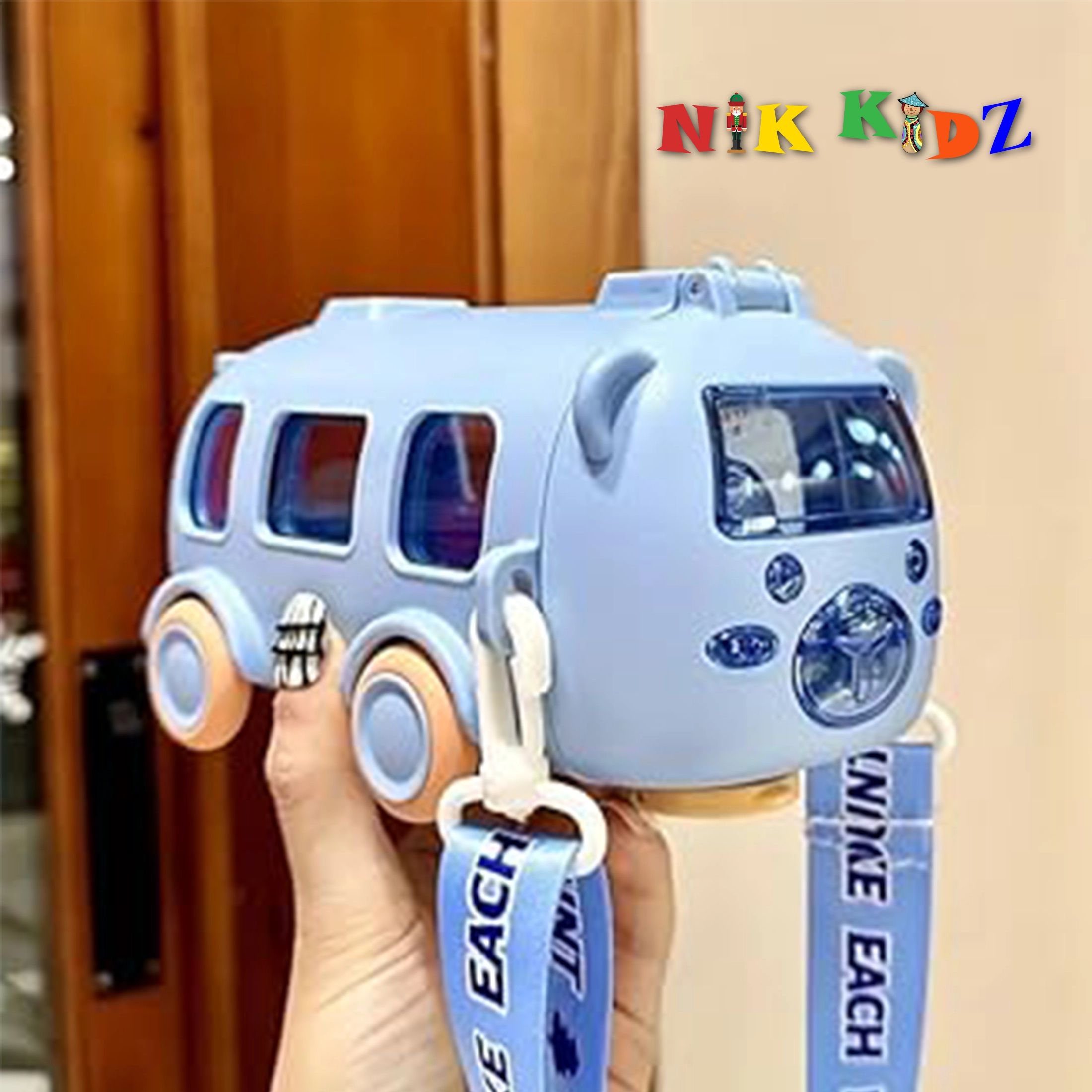 500ML Bus Shape Straw Water Bottle with Movable Wheels Strap Cute Car Water Bottle Leakproof for Sports Camping Picnic