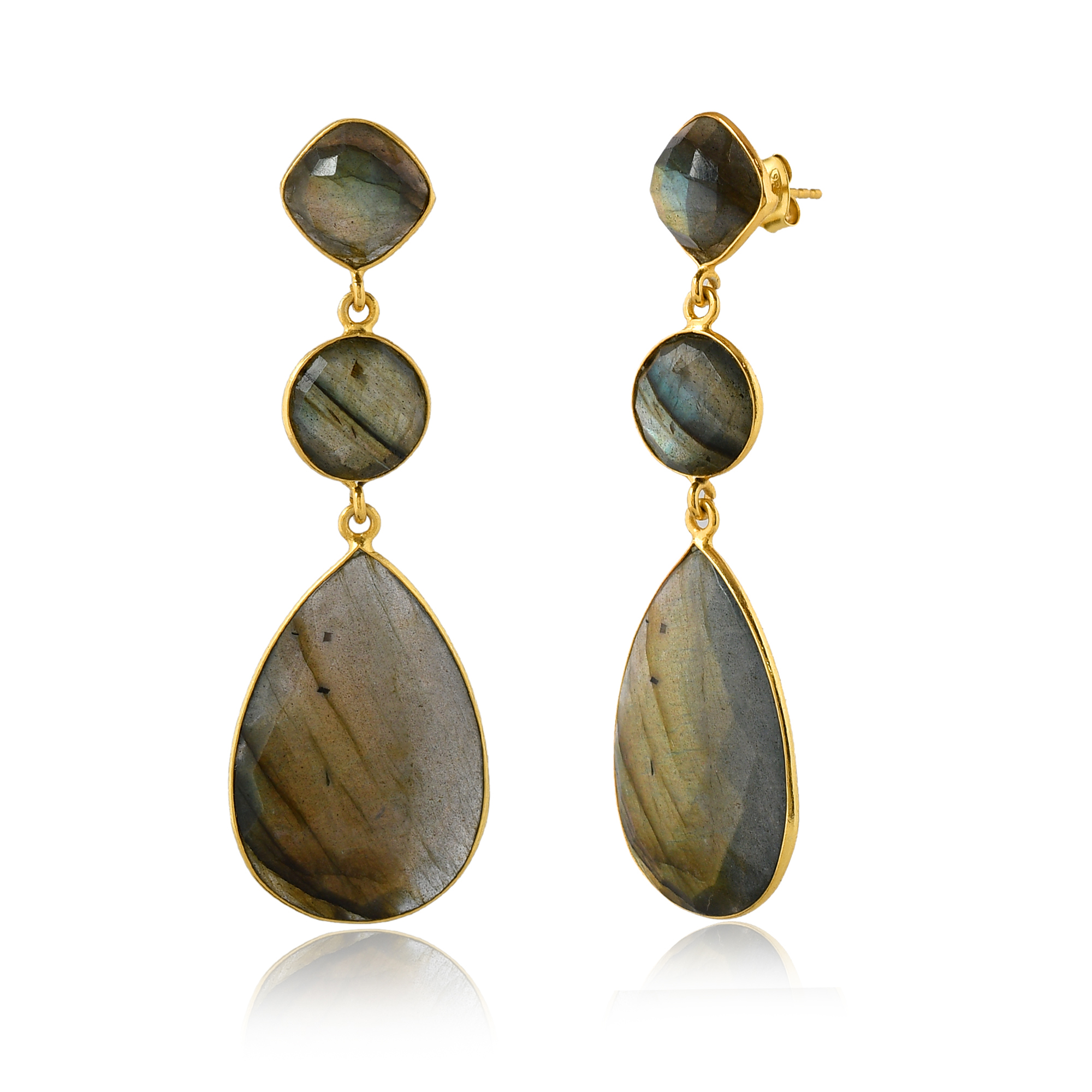 Natural Labradorite Gemstone Earrings Wholesale Indian Jewelry Beautiful Design 925 Sterling Silver Gold Plated Earring (VVJGE 01)