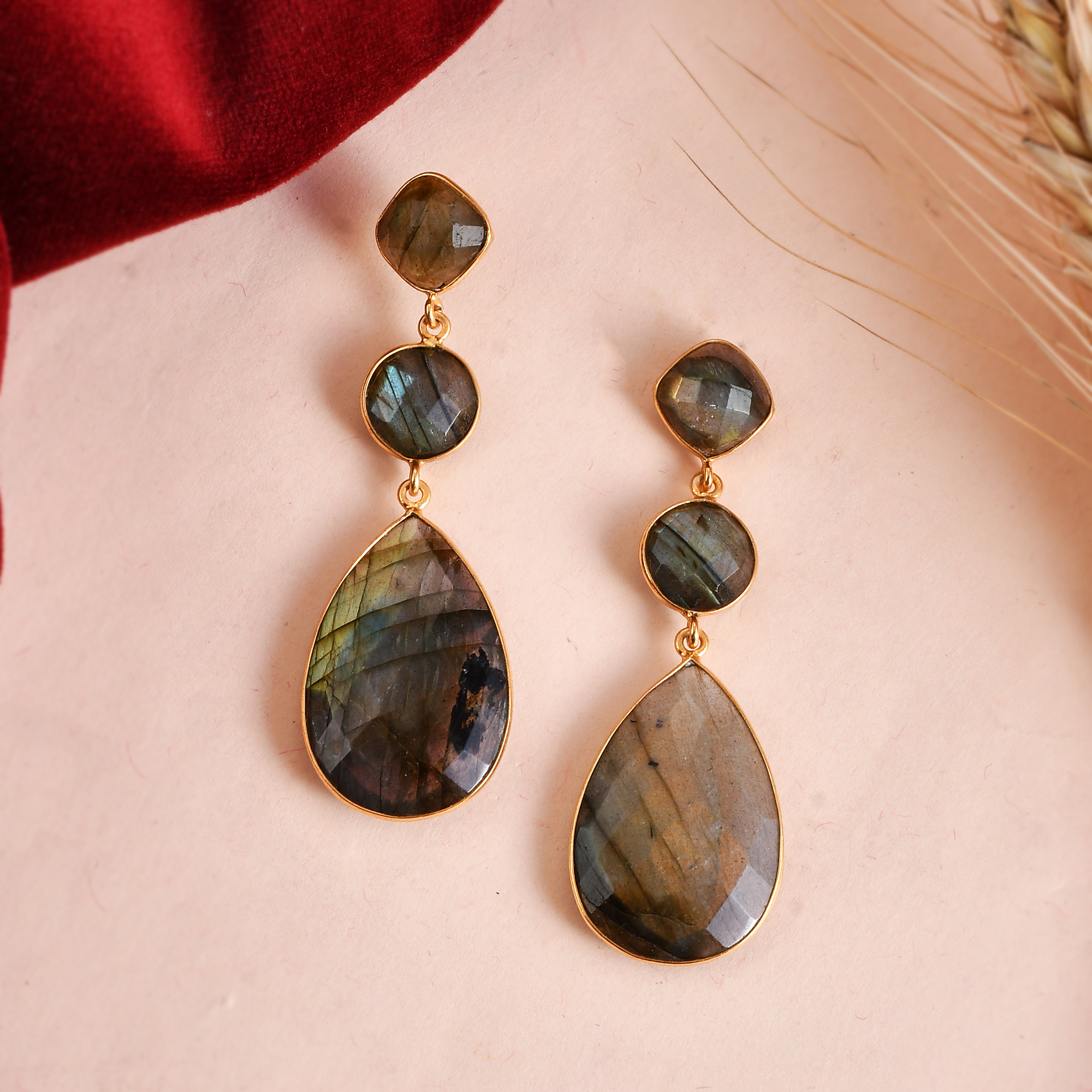 Natural Labradorite Gemstone Earrings Wholesale Indian Jewelry Beautiful Design 925 Sterling Silver Gold Plated Earring (VVJGE 01)