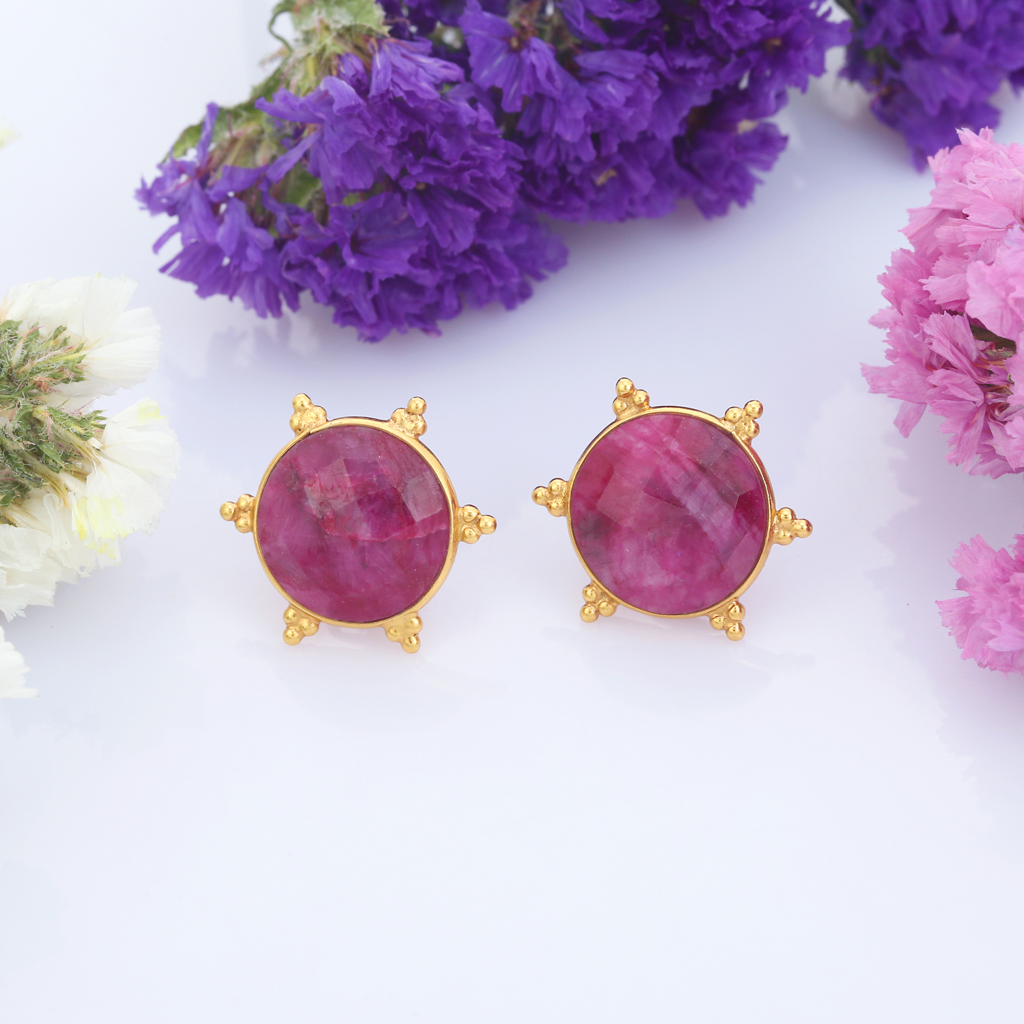 Natural Dyad Ruby Ear Stud 925 Starling Silver For Woman And Girls New Design Simple 18k gold plated (VVJGS 01)