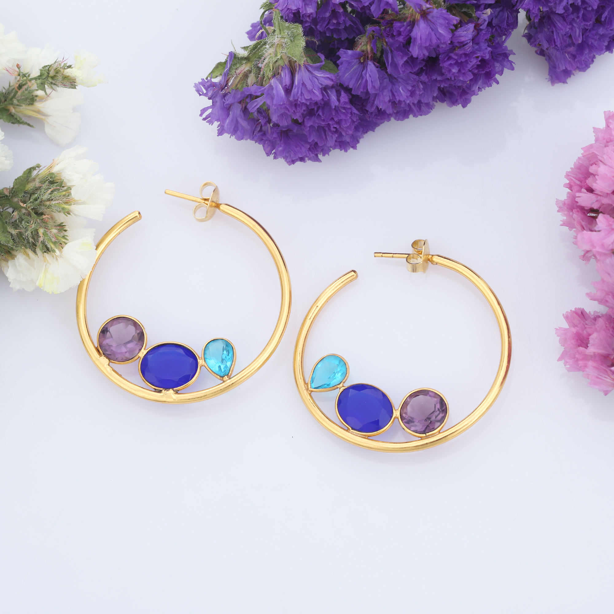 Multi Stone And Multi Color popular Hot Hoop Earring 925 Sterling Silver 18k Gold Plated Earring For Woman And Girls (VVJGH 01)