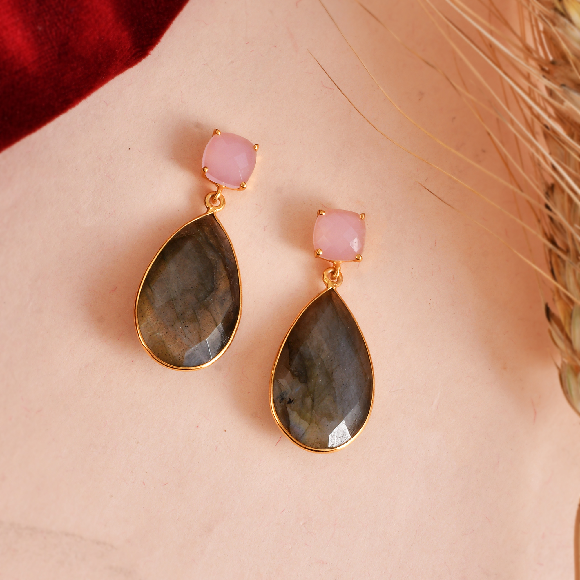 Top New Arrival 925 Sterling Silver Huggie Earrings Pink Quartz Natural Labradorite Indian Fashion Jewelry for Women (VVJGE 04)