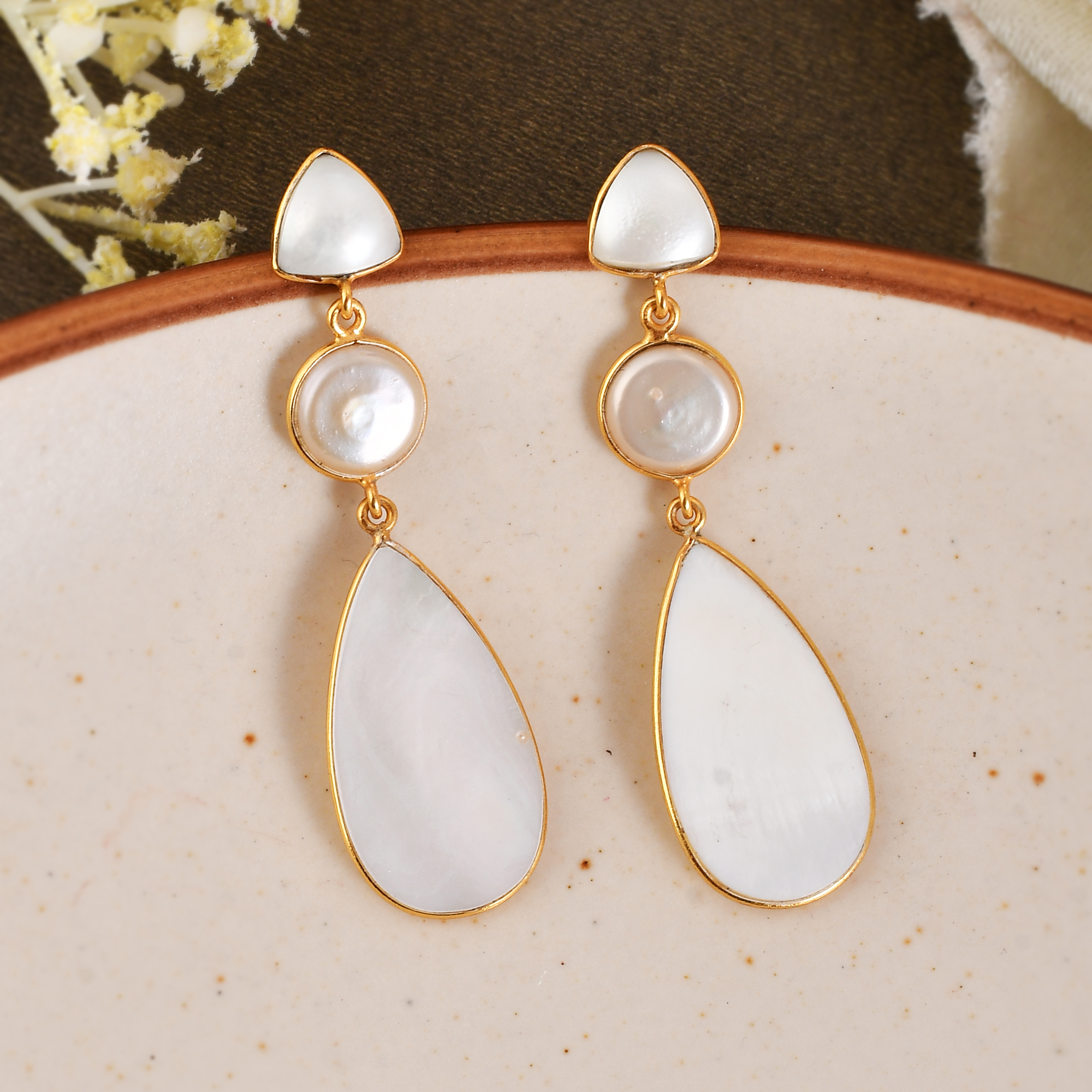 925 sterling silver fresh water cultured natural real freshwater pearl Long Earring 18k Gold Paleted Earring (VVJGE 05)