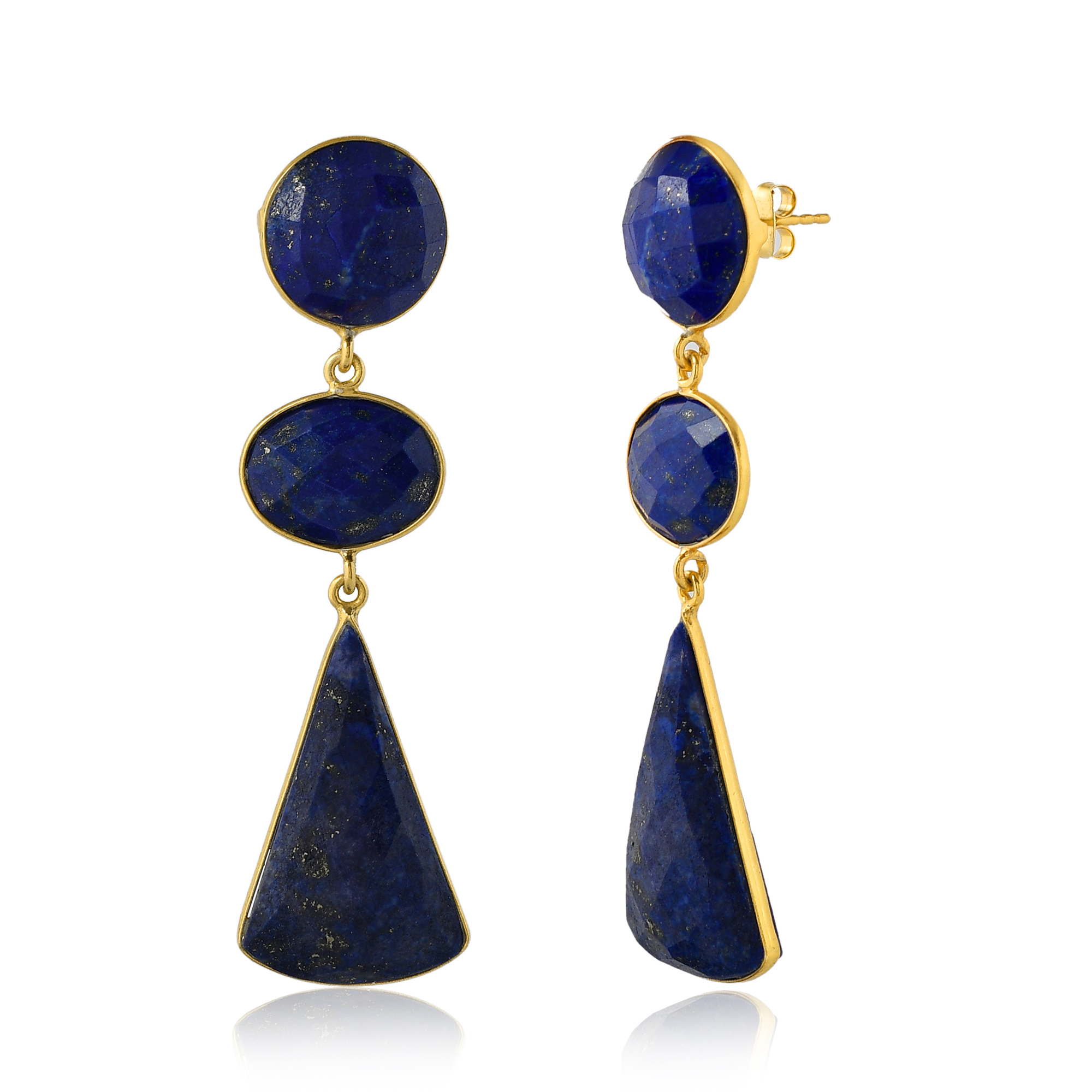 Top Natural Lapis Gemstone Long Earring Fashionable Gold Plated Attractive Jewelry for Women and Girls (VVJGE 06)