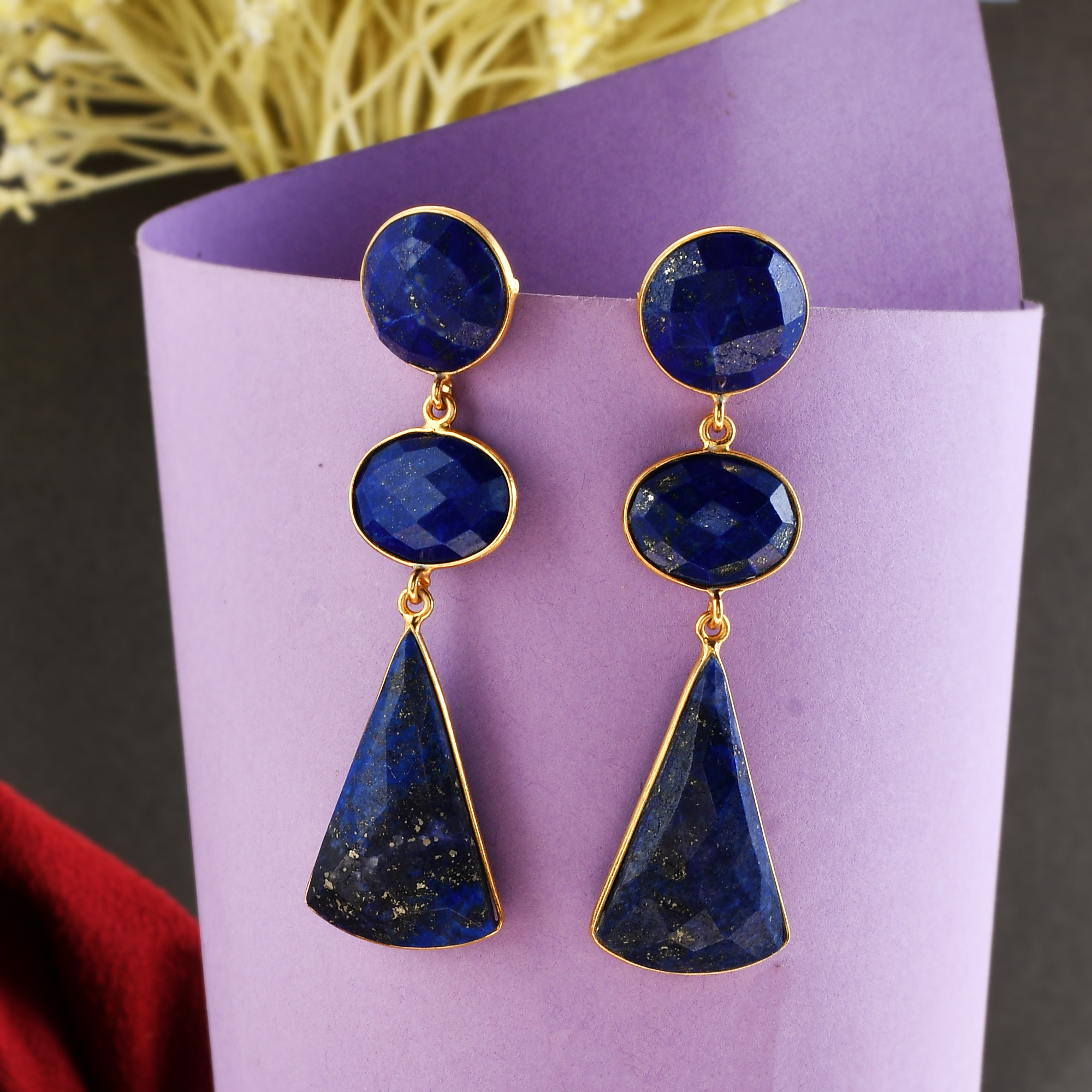 Top Natural Lapis Gemstone Long Earring Fashionable Gold Plated Attractive Jewelry for Women and Girls (VVJGE 06)