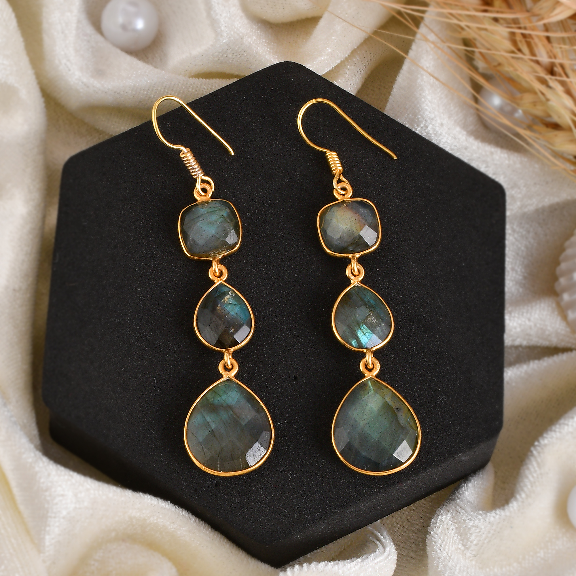 Stylish Trendy Gold-Plated Long Drop Earrings Women's Fashion Gemstone Diamond & Pearl Main Stone Featuring Natural Labradorite (VVJGE 10)