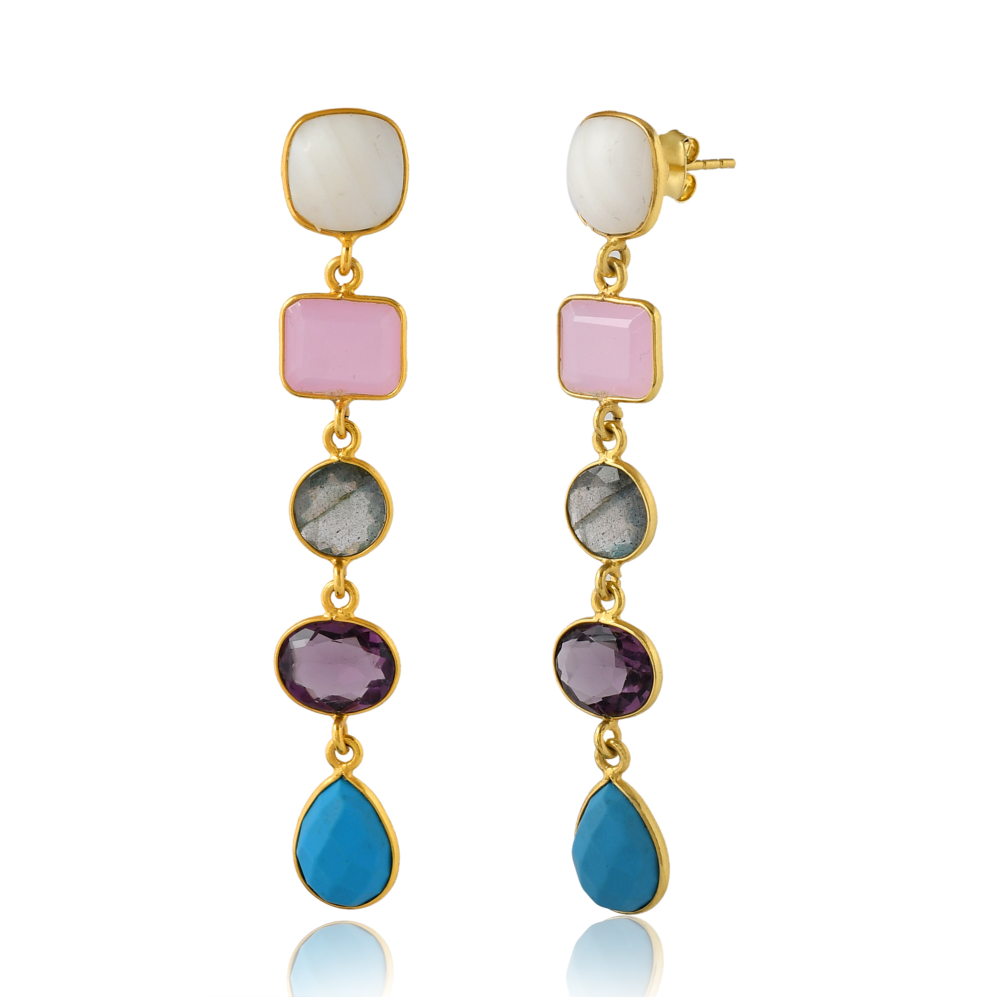 Stylish Beautiful Natural Multi Color Long Earring Jewelry Earring 925 Silver Gold Plated Drop Earrings for Girls and Women (VVJGE 11)