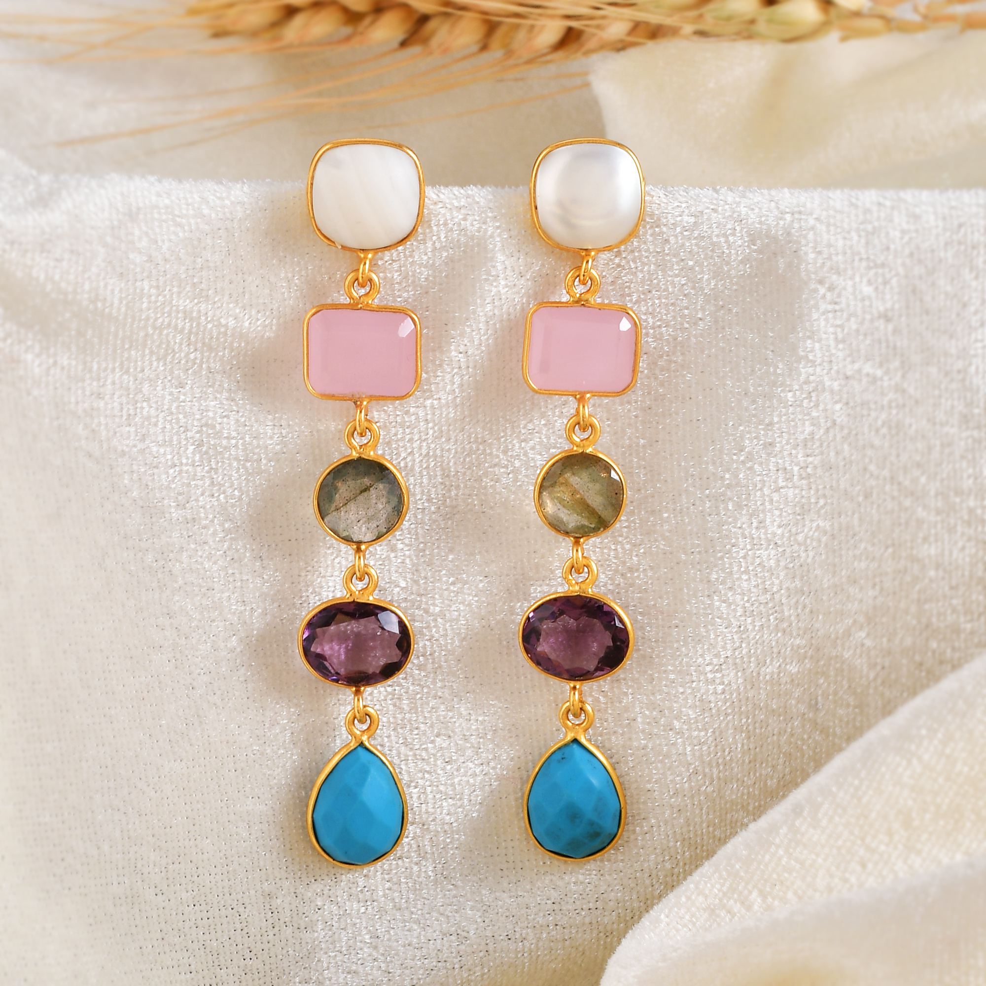 Stylish Beautiful Natural Multi Color Long Earring Jewelry Earring 925 Silver Gold Plated Drop Earrings for Girls and Women (VVJGE 11)