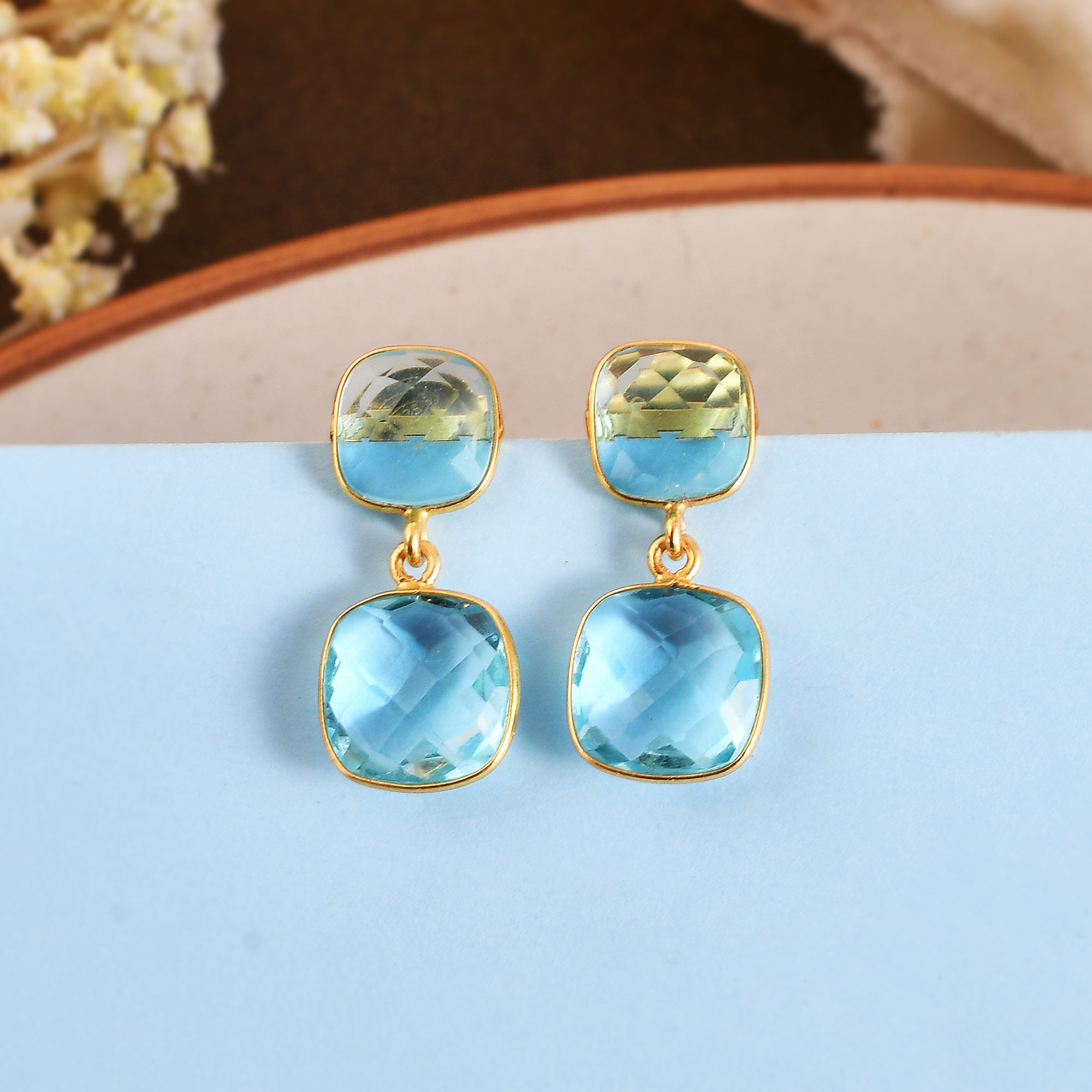 Hot Selling Collection Party Wear Lovely Earring Beautiful Blue Topaz Gold Plated Earring for Young Girls and Women (VVJGE 15)