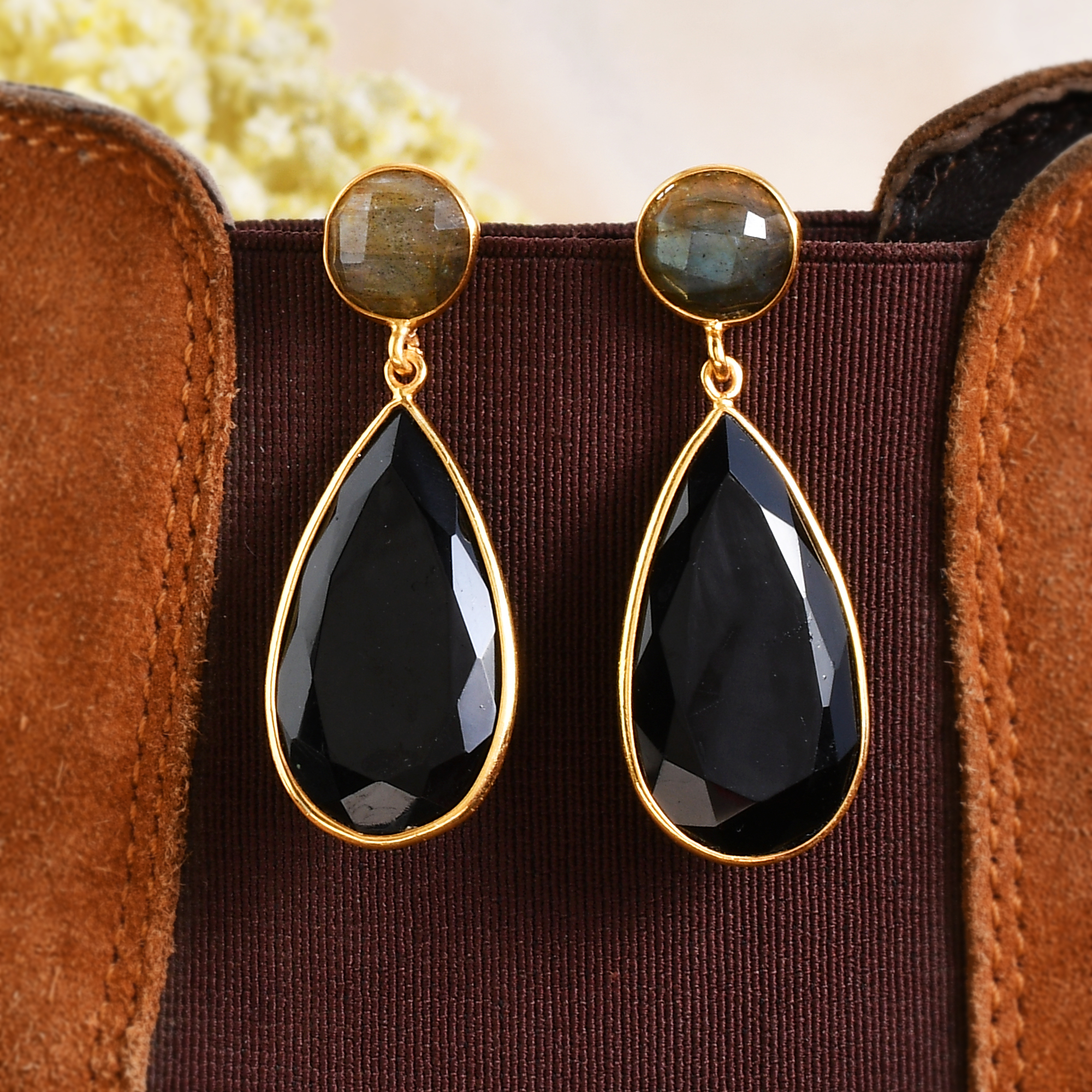 Good Quality Semiprecious Natural Labradorite and Beautiful Black Chalcedony Gemstone Drop Earring for Women and Girls (VVJGE 16)
