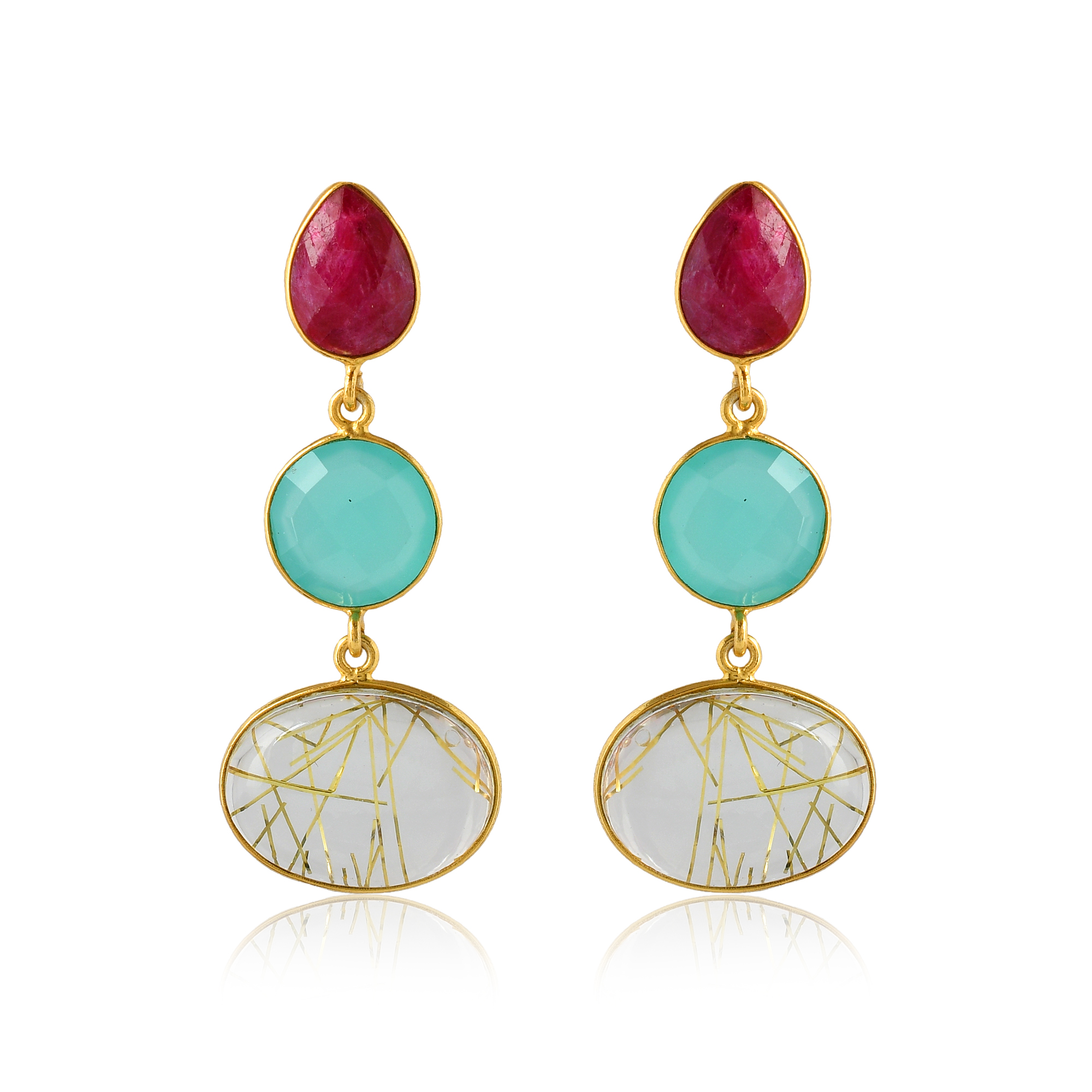 Top Selling 925 Silver & Gold Plated Drop Earrings Natural Dyed Ruby Multi-Color Diamond Stone Fashion Accessory Girls Women (VVJGE 18)