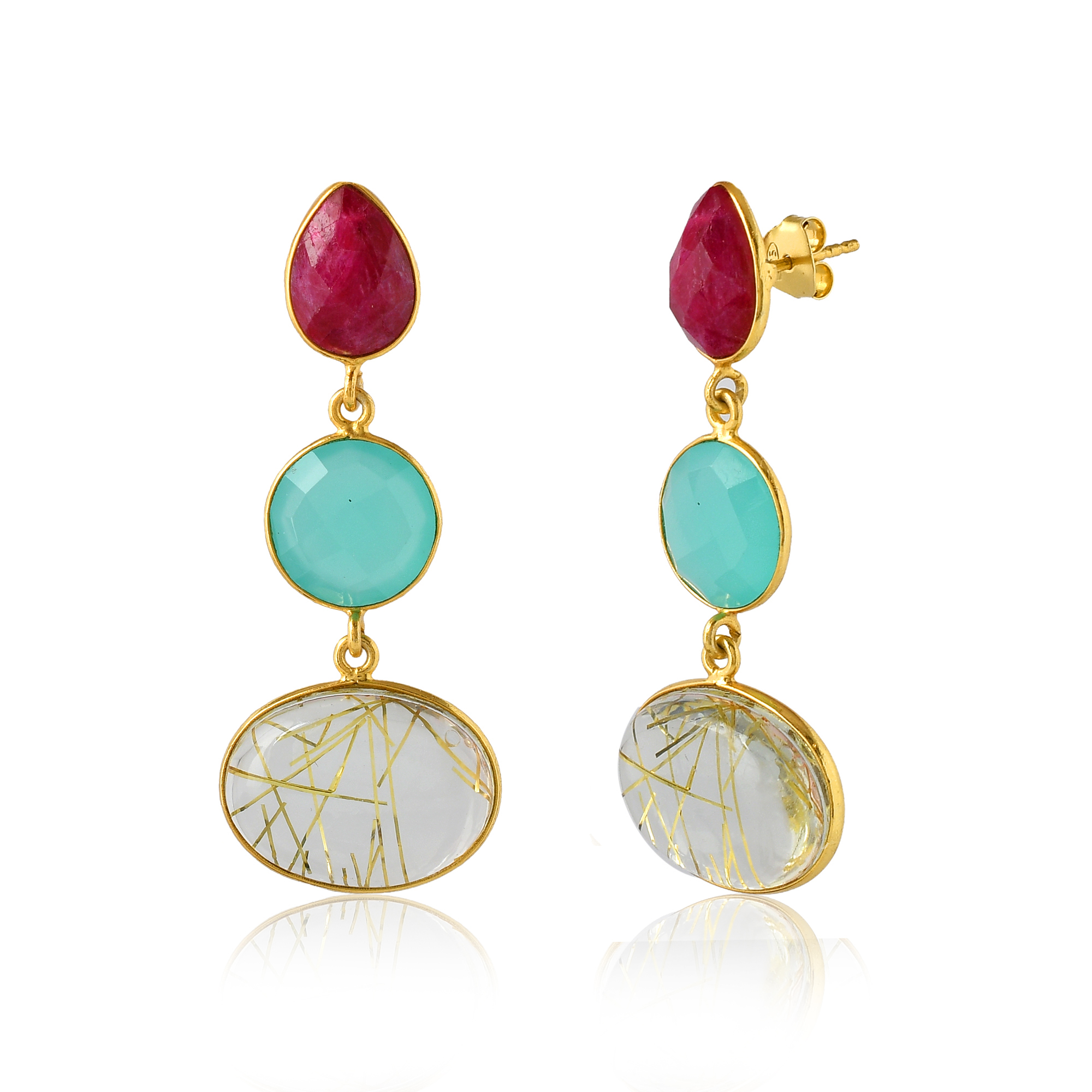 Top Selling 925 Silver & Gold Plated Drop Earrings Natural Dyed Ruby Multi-Color Diamond Stone Fashion Accessory Girls Women (VVJGE 18)