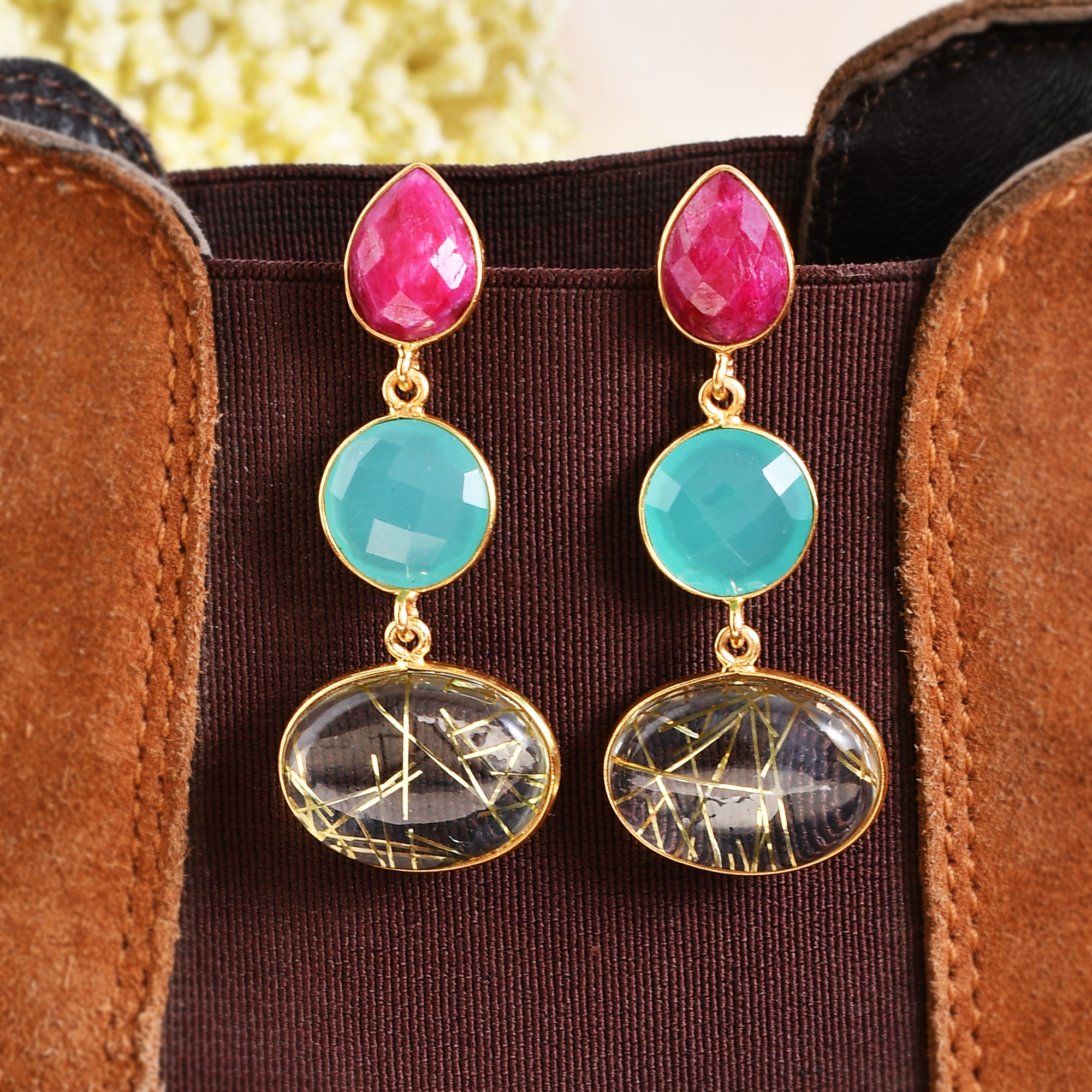 Top Selling 925 Silver & Gold Plated Drop Earrings Natural Dyed Ruby Multi-Color Diamond Stone Fashion Accessory Girls Women (VVJGE 18)