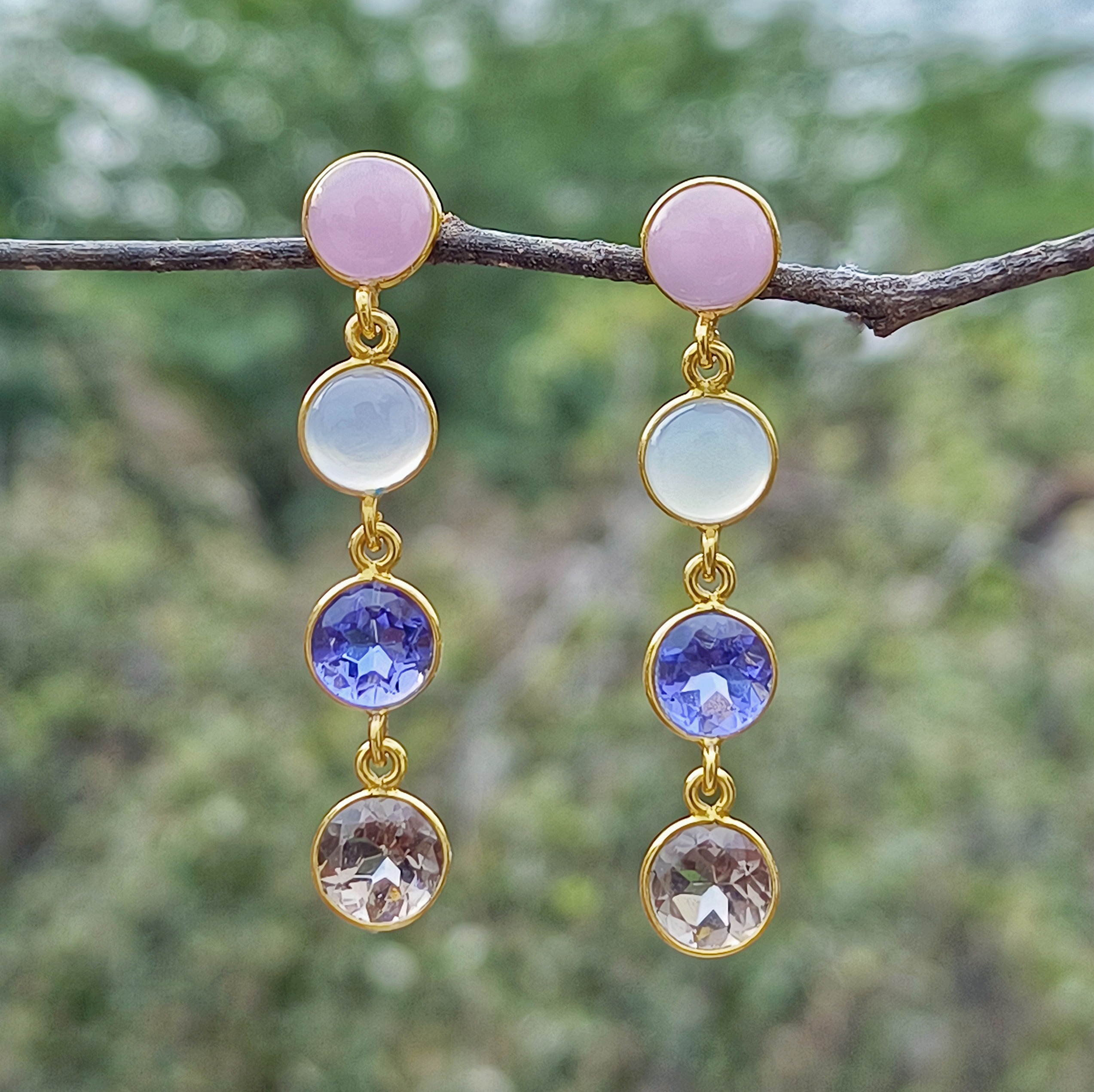 925 Sterling Silver Gold Plated Round Shape Multi Color Lovely Long Earring Jewelry Earring Drop Earrings for Girls and Women (VVJGE 22)