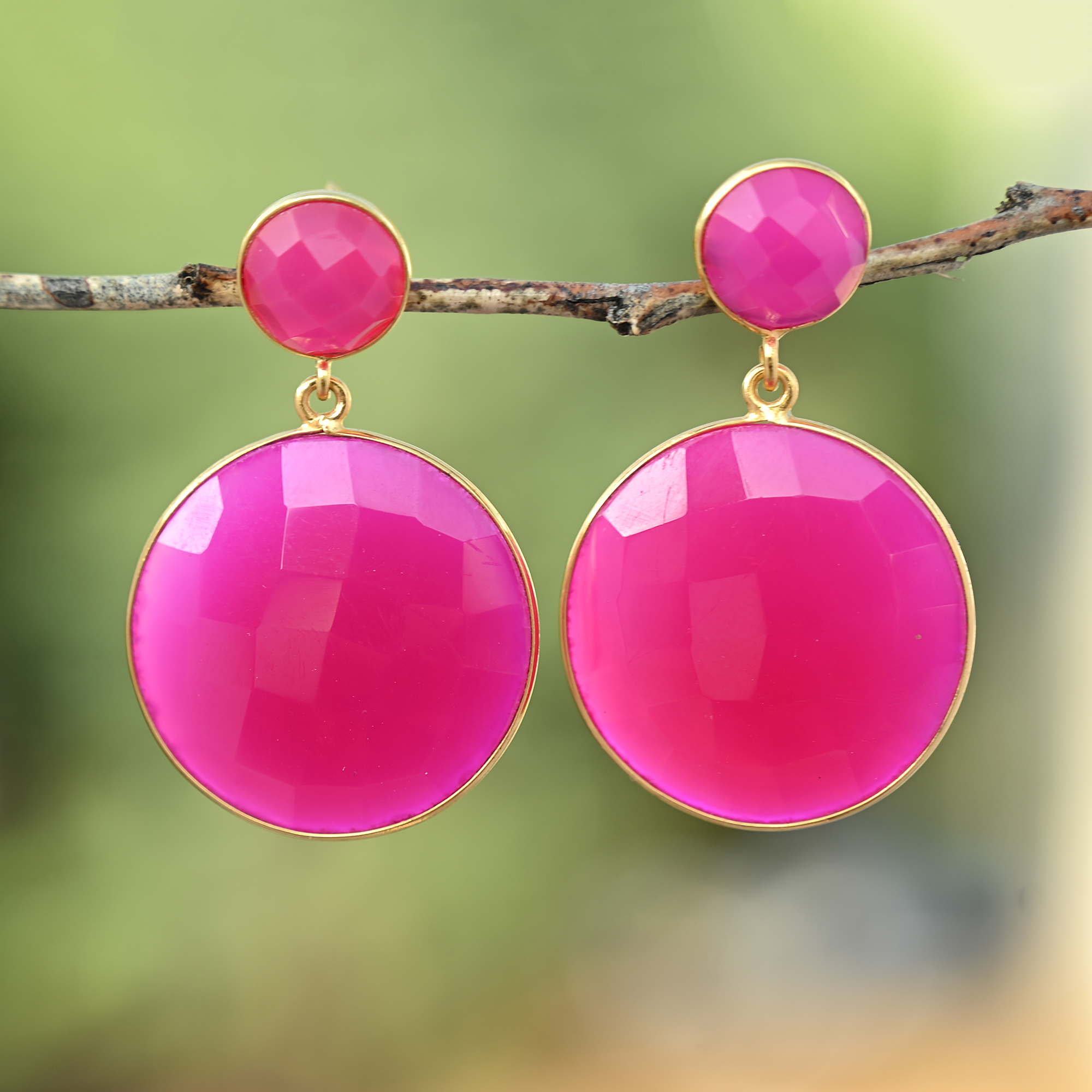 Top Attractive Pink Color Natural Fuchsia Earring Gold Plated Lovely Earring Round Jewelry Drop Earrings for Girls and Women (VVJGE 25)