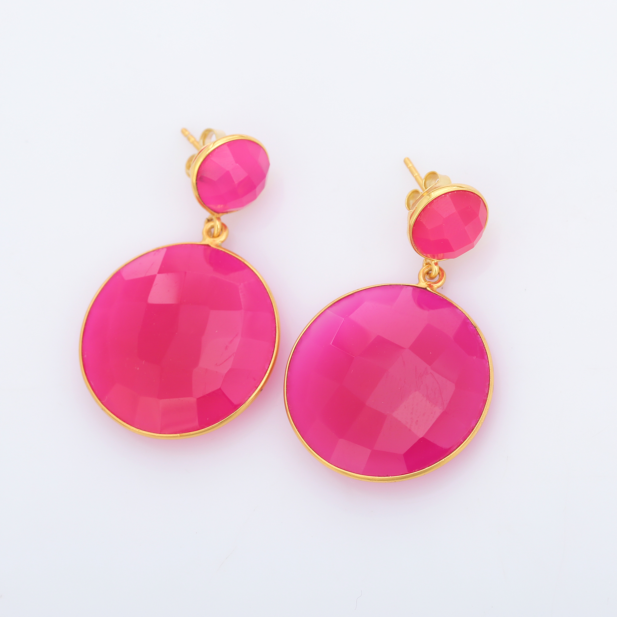 Top Attractive Pink Color Natural Fuchsia Earring Gold Plated Lovely Earring Round Jewelry Drop Earrings for Girls and Women (VVJGE 25)