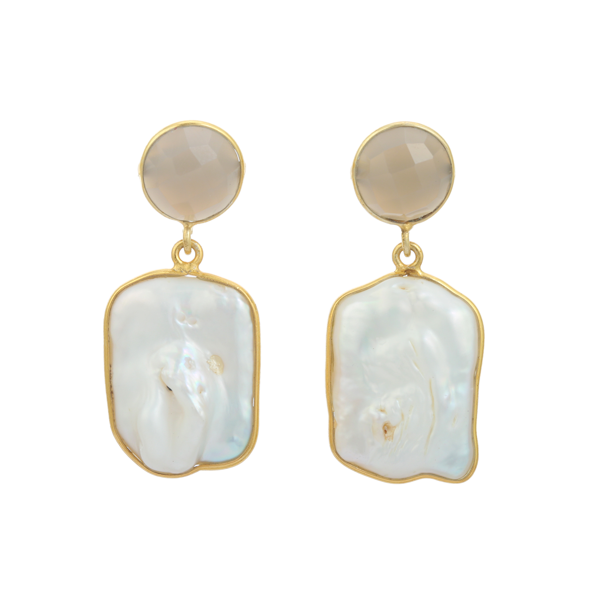 Hot Selling Latest Collection 2023 Lovely Grey Chalcedony and Natural Pearl Gemstone Gold Plated Earring for Women and Girls (VVJGE 27)