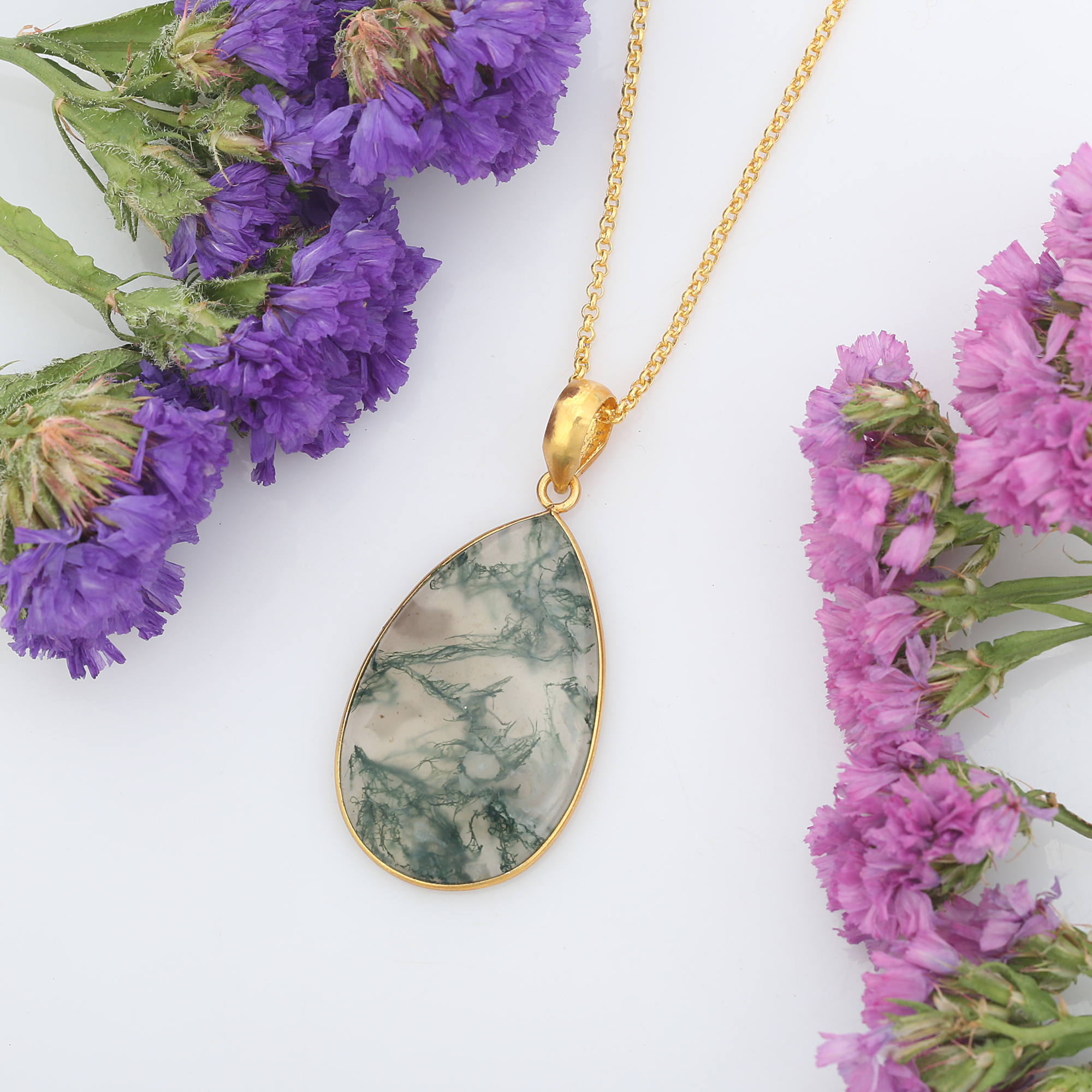 Hot Trendy Most Selling Moss Agate Original Unique Design Necklaces Made With 925 Sterling Silver for Women and Girls (VVJGN 02)