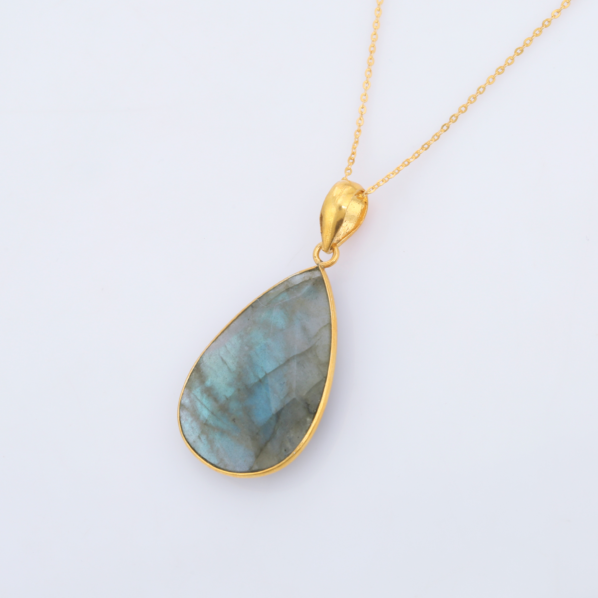 Sterling Silver Necklaces 925 Sterling Silver Natural Labradorite Gold Plated Pendant Chain Necklaces (VVJGN 03)