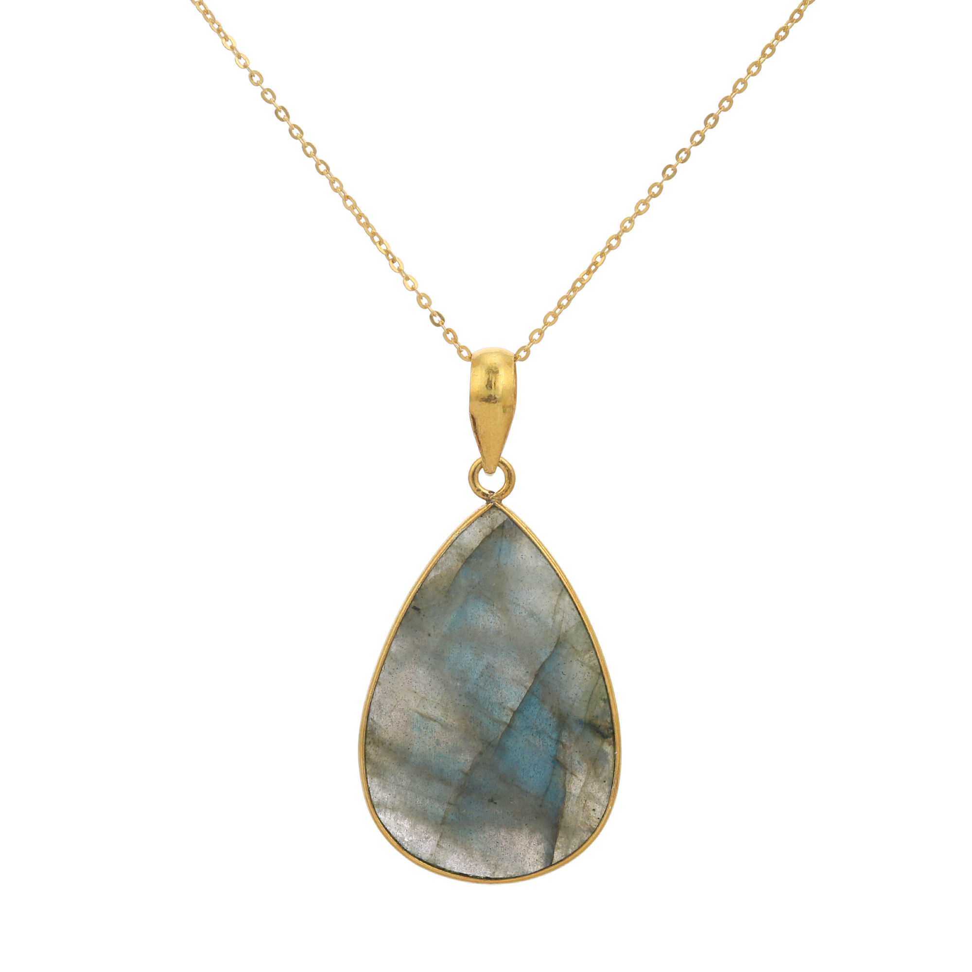 Sterling Silver Necklaces 925 Sterling Silver Natural Labradorite Gold Plated Pendant Chain Necklaces (VVJGN 03)